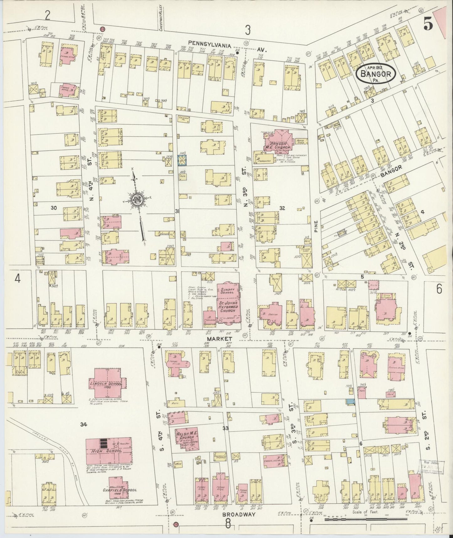 Sanborn Fire Insurance Map from Bangor, Northampton County, Pennsylvania (1912), Sheet #0005 - Historic Sanborn Fire Insurance Map Print, vintage old map wall art, antique decor, genealogy gift, Pennsylvania Pennsylvania map