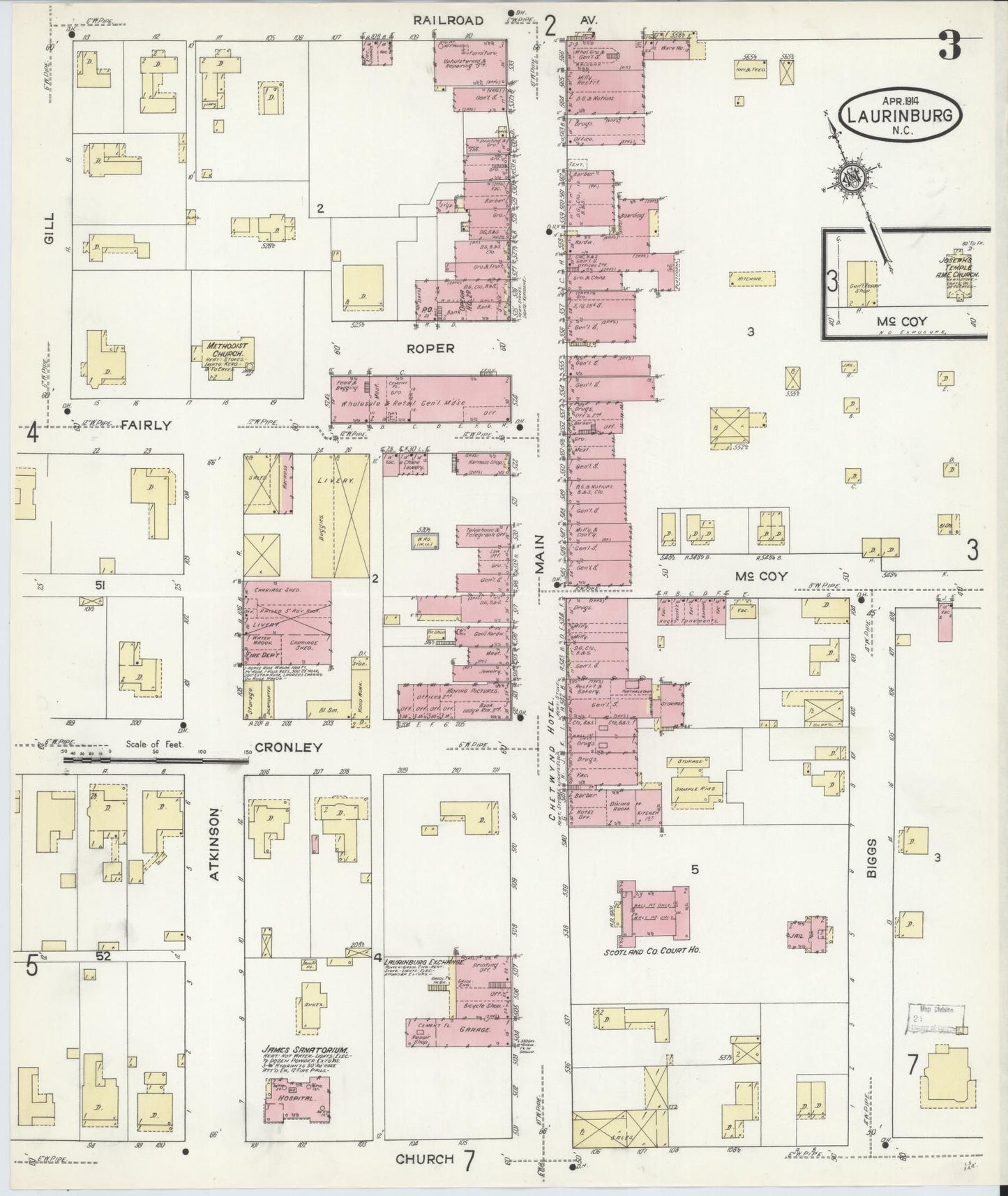 Sanborn Fire Insurance Map from Laurinburg, Scotland County, North Carolina (1914), Sheet #0003 - Historic Sanborn Fire Insurance Map Print, vintage old map wall art, antique decor, genealogy gift, North Carolina North Carolina map