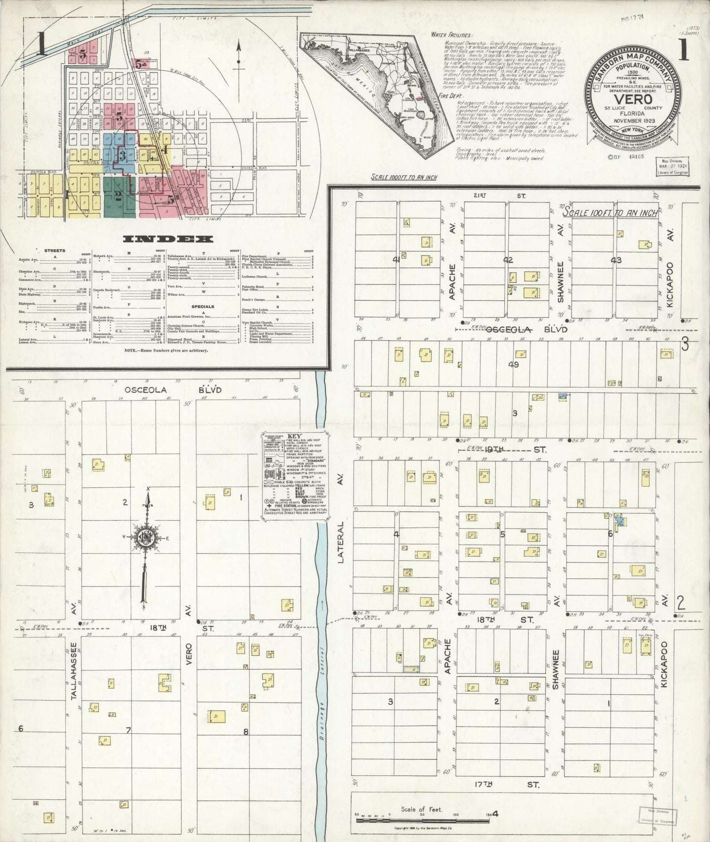Sanborn Fire Insurance Map from Vero Beach, Indian River County, Florida (1923), Sheet #0001 - Historic Sanborn Fire Insurance Map Print, vintage old map wall art, antique decor, genealogy gift, Florida Florida map