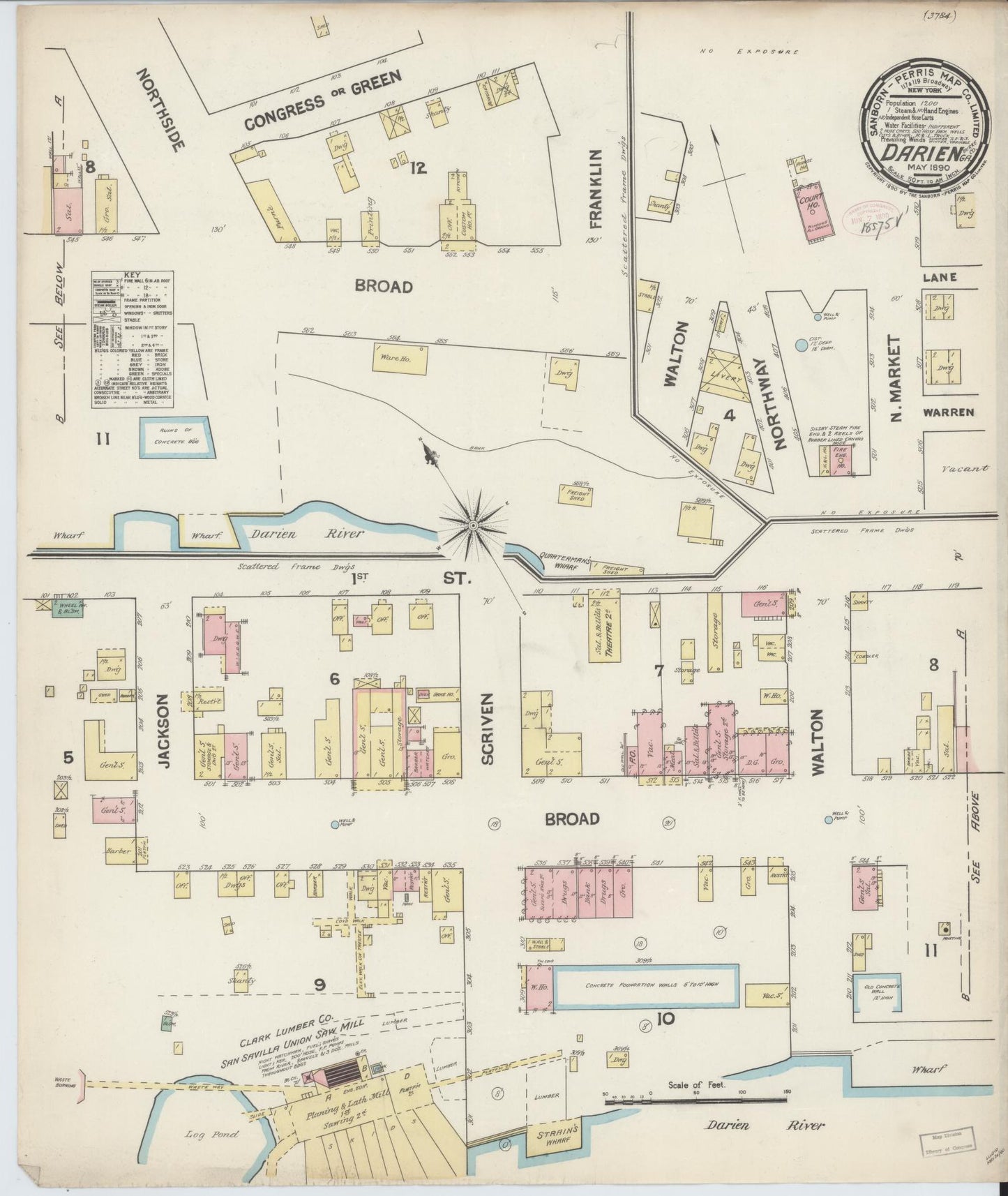 Sanborn Fire Insurance Map from Darien, Mcintosh County, Georgia (1890), Sheet #0001 - Historic Sanborn Fire Insurance Map Print, vintage old map wall art, antique decor, genealogy gift, Georgia Georgia map