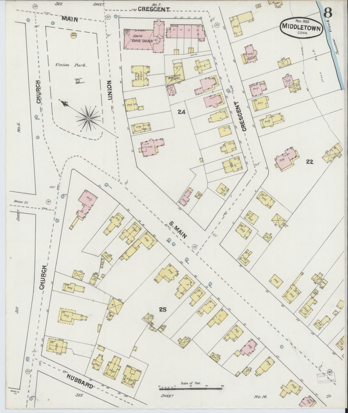 Sanborn Fire Insurance Map from Middletown, Middlesex County, Connecticut (1889), Sheet #0008 - Historic Sanborn Fire Insurance Map Print, vintage old map wall art, antique decor, genealogy gift, Connecticut Connecticut map