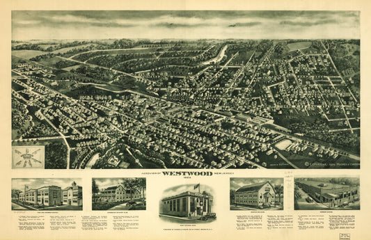 Aeroview of Westwood, New Jersey 1924. (1924) – Historic Bird’s-Eye View Panorama Print