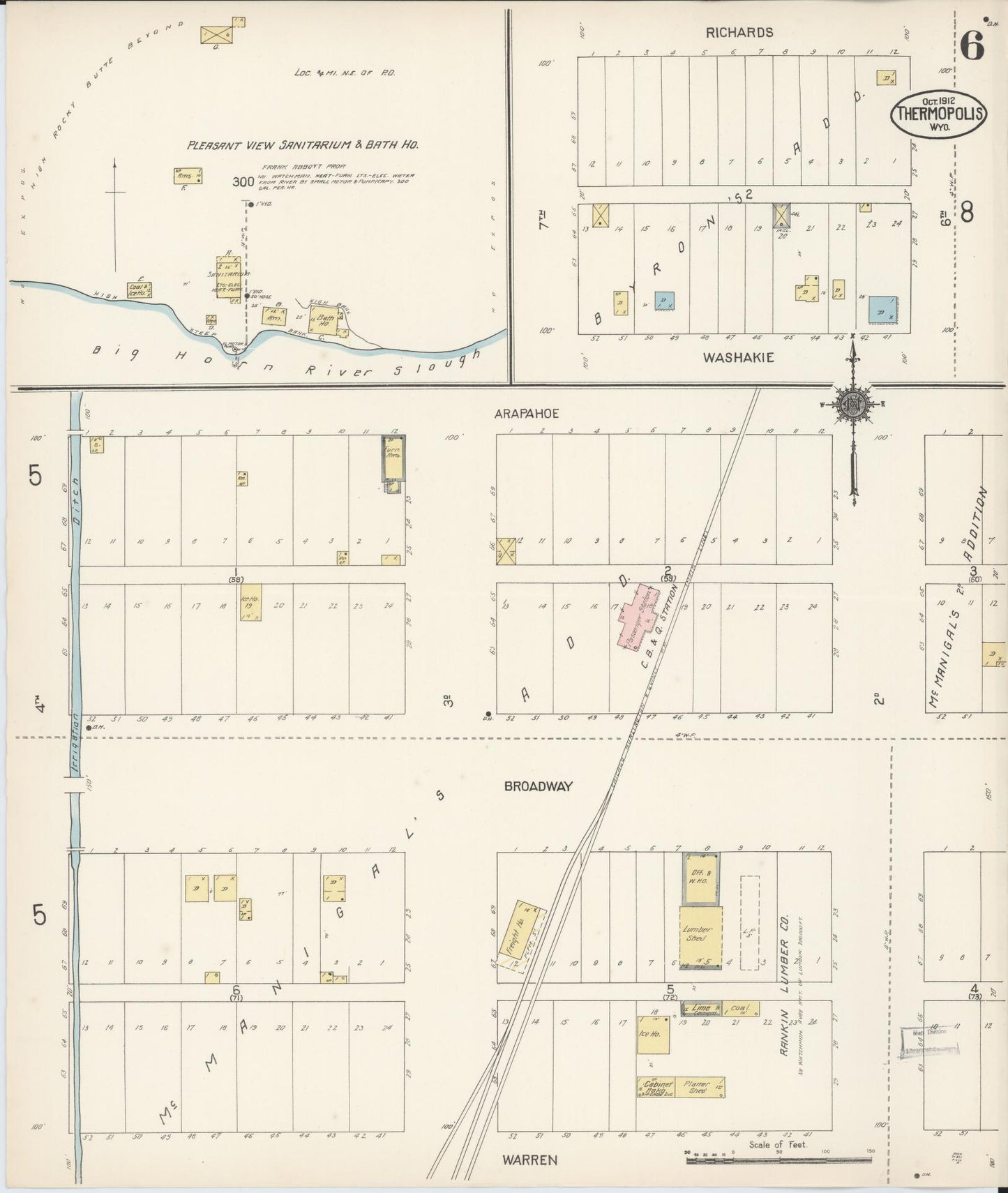 Sanborn Fire Insurance Map from Thermopolis, Hot Springs County, Wyoming (1912), Sheet #0006 - Historic Sanborn Fire Insurance Map Print, vintage old map wall art, antique decor, genealogy gift, Wyoming Wyoming map