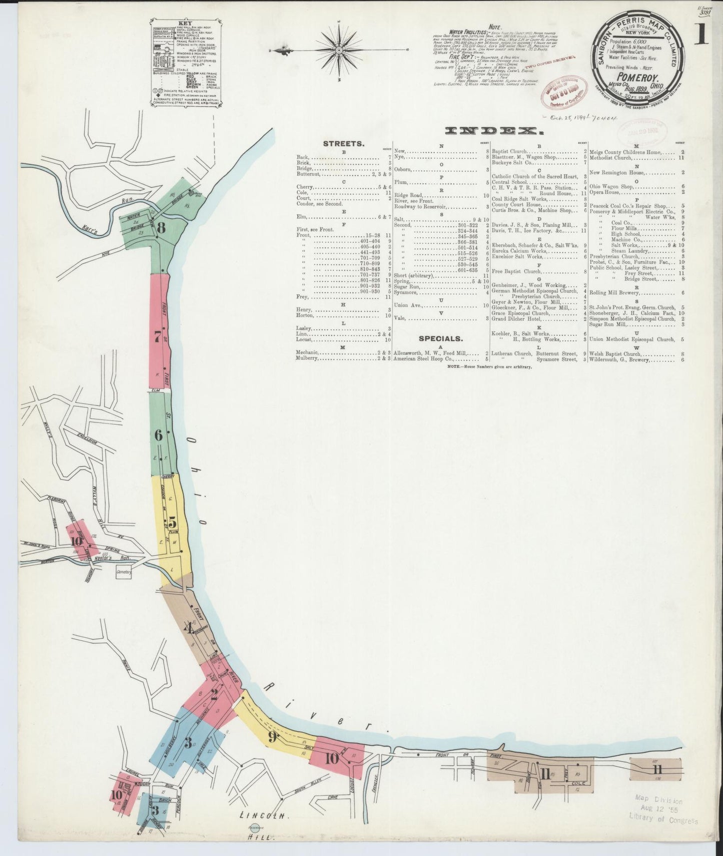 Sanborn Fire Insurance Map from Pomeroy, Meigs County, Ohio (1899), Sheet #0001 - Historic Sanborn Fire Insurance Map Print, vintage old map wall art, antique decor, genealogy gift, Ohio Ohio map