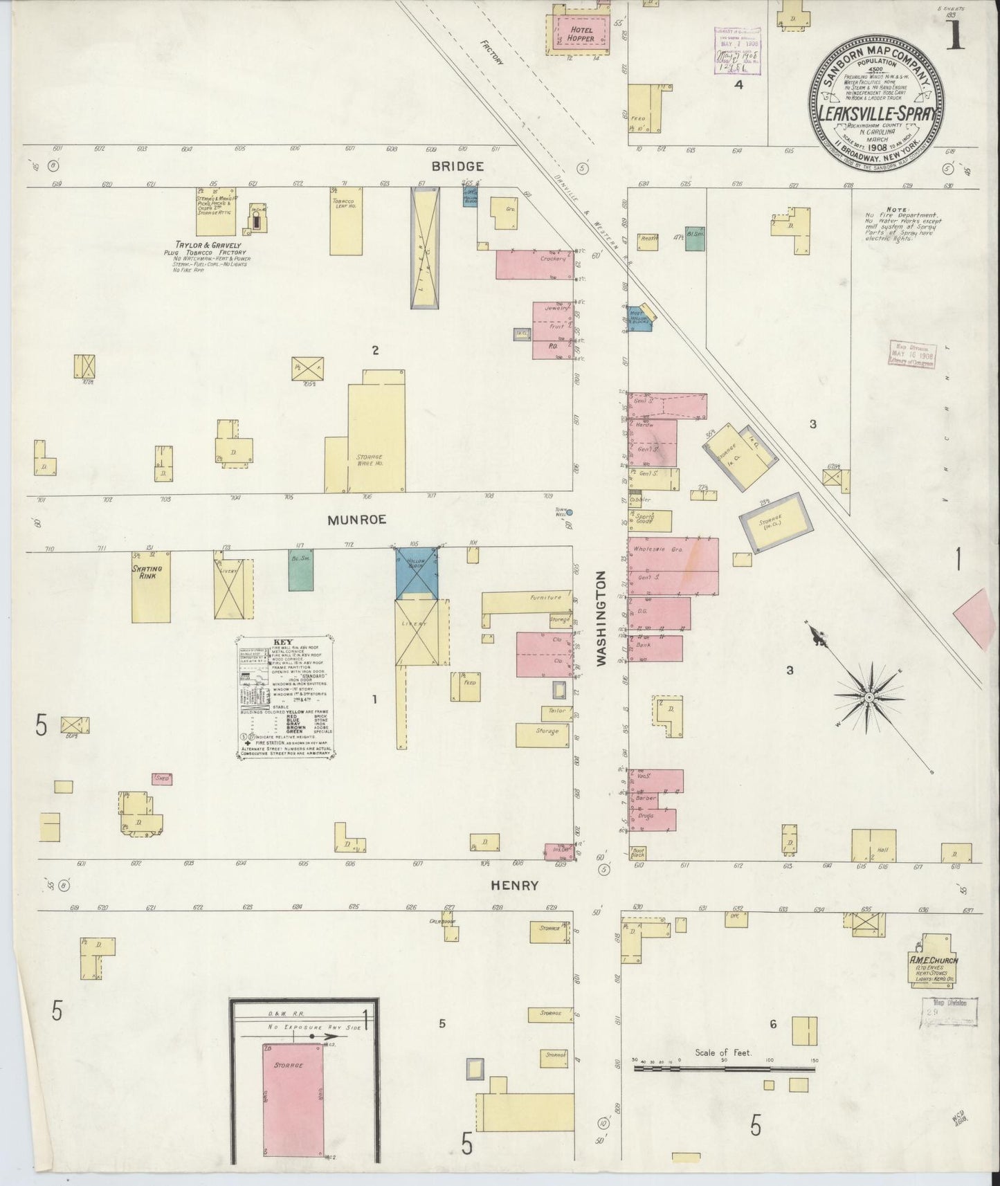 Sanborn Fire Insurance Map from Leaksville-spray, Rockingham County, North Carolina (1908), Sheet #0001 - Historic Sanborn Fire Insurance Map Print, vintage old map wall art, antique decor, genealogy gift, North Carolina North Carolina map