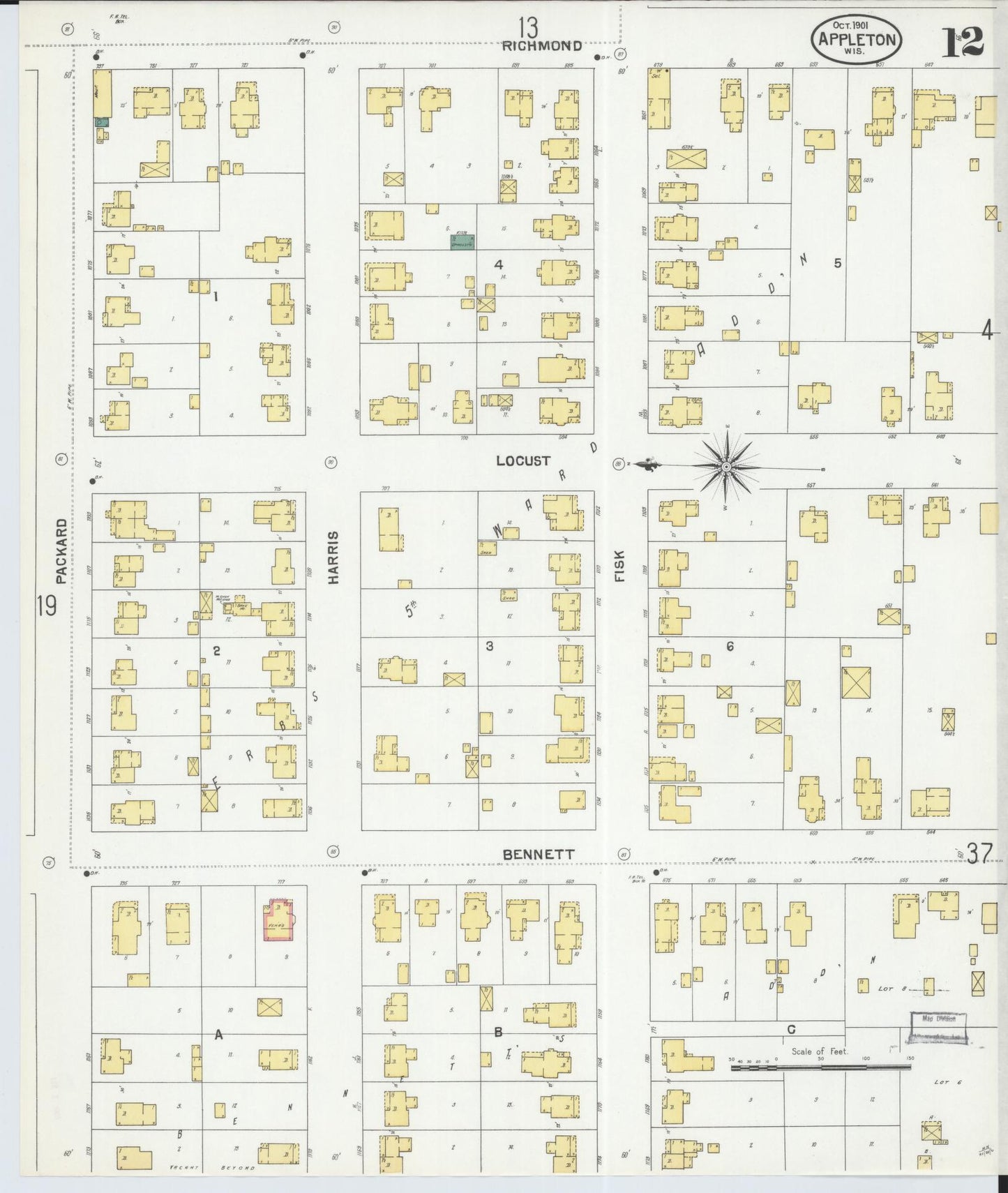 Sanborn Fire Insurance Map from Appleton, Outagamie County, Wisconsin (1901), Sheet #0012 - Historic Sanborn Fire Insurance Map Print, vintage old map wall art, antique decor, genealogy gift, Wisconsin Wisconsin map