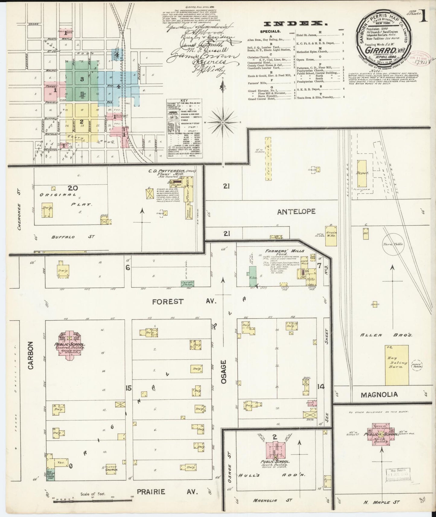 Sanborn Fire Insurance Map from Girard, Crawford County, Kansas (1890), Sheet #0001 - Historic Sanborn Fire Insurance Map Print, vintage old map wall art, antique decor, genealogy gift, Kansas Kansas map