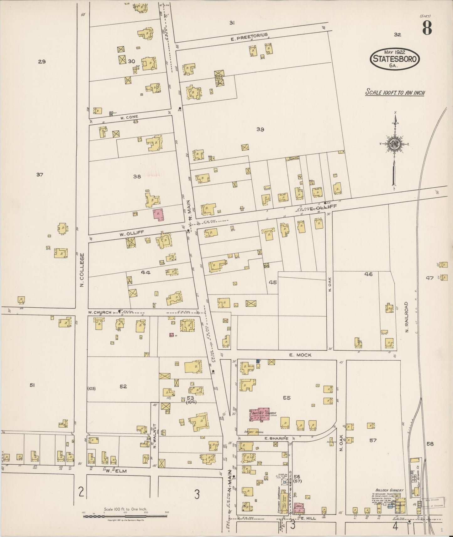 Sanborn Fire Insurance Map from Statesboro, Bulloch County, Georgia (1922), Sheet #0008 - Historic Sanborn Fire Insurance Map Print, vintage old map wall art, antique decor, genealogy gift, Georgia Georgia map