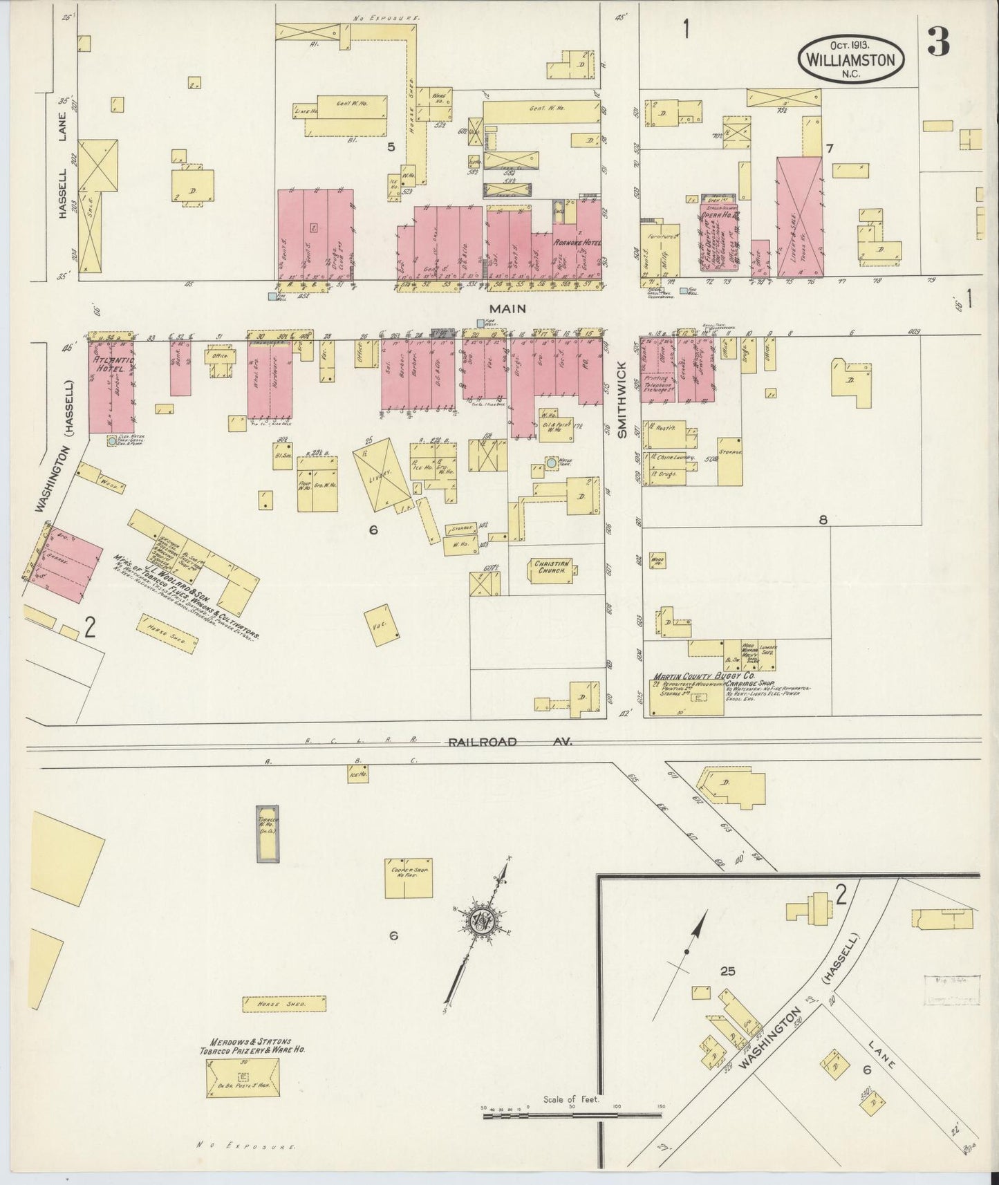 Sanborn Fire Insurance Map from Williamston, Martin County, North Carolina (1913), Sheet #0003 - Historic Sanborn Fire Insurance Map Print, vintage old map wall art, antique decor, genealogy gift, North Carolina North Carolina map