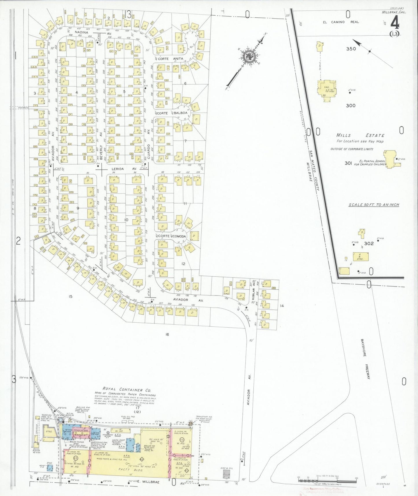 Sanborn Fire Insurance Map from Millbrae, San Mateo County, California (1949), Sheet #0004 - Historic Sanborn Fire Insurance Map Print, vintage old map wall art, antique decor, genealogy gift, California California map