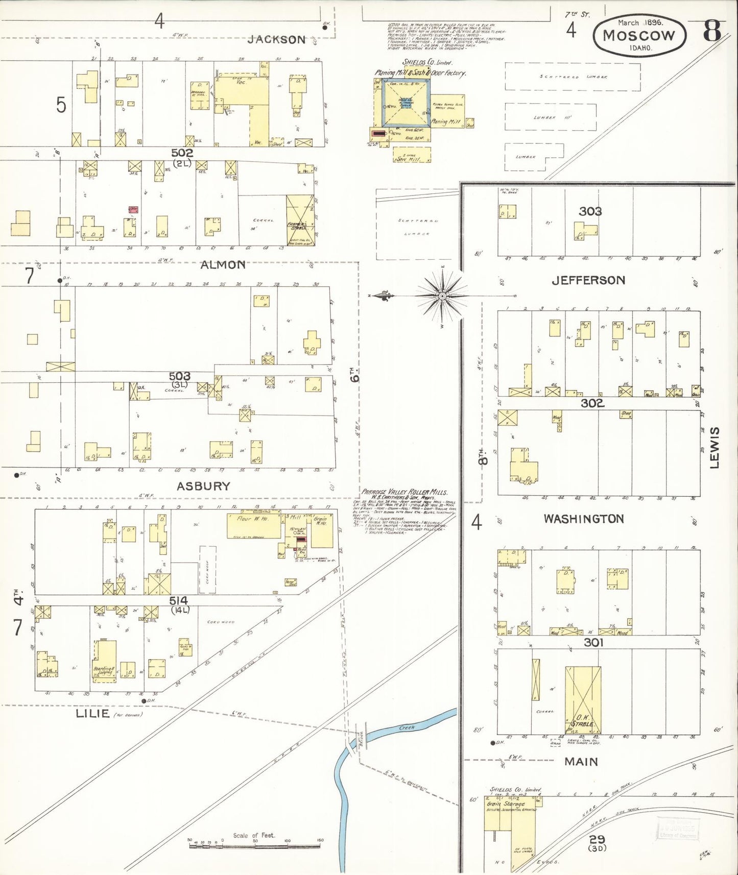 Sanborn Fire Insurance Map from Moscow, Latah County, Idaho (1896), Sheet #0008 - Historic Sanborn Fire Insurance Map Print, vintage old map wall art, antique decor, genealogy gift, Idaho Idaho map