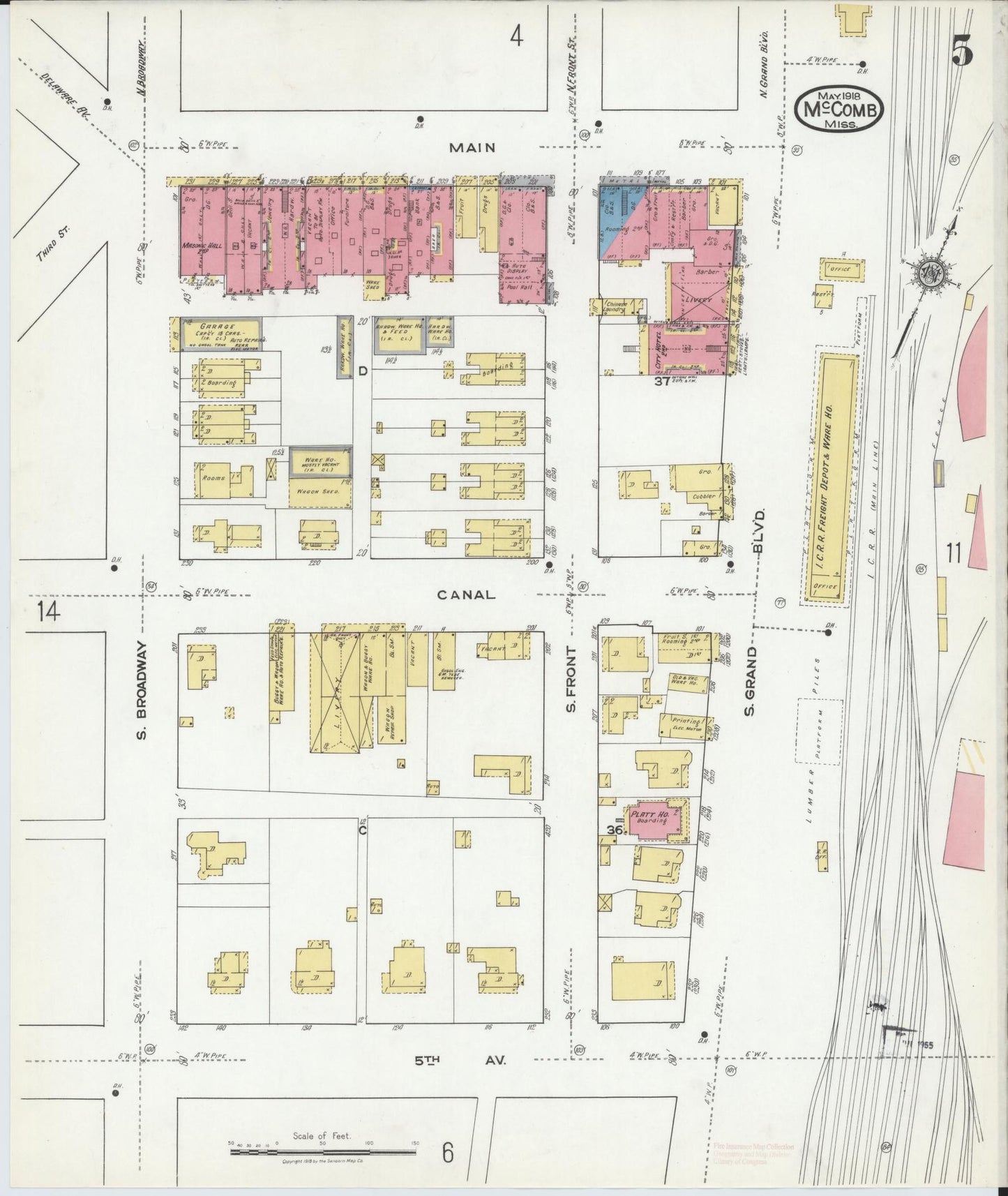 Sanborn Fire Insurance Map from McComb, Pike County, Mississippi (1918), Sheet #0005 - Historic Sanborn Fire Insurance Map Print, vintage old map wall art, antique decor, genealogy gift, Mississippi Mississippi map