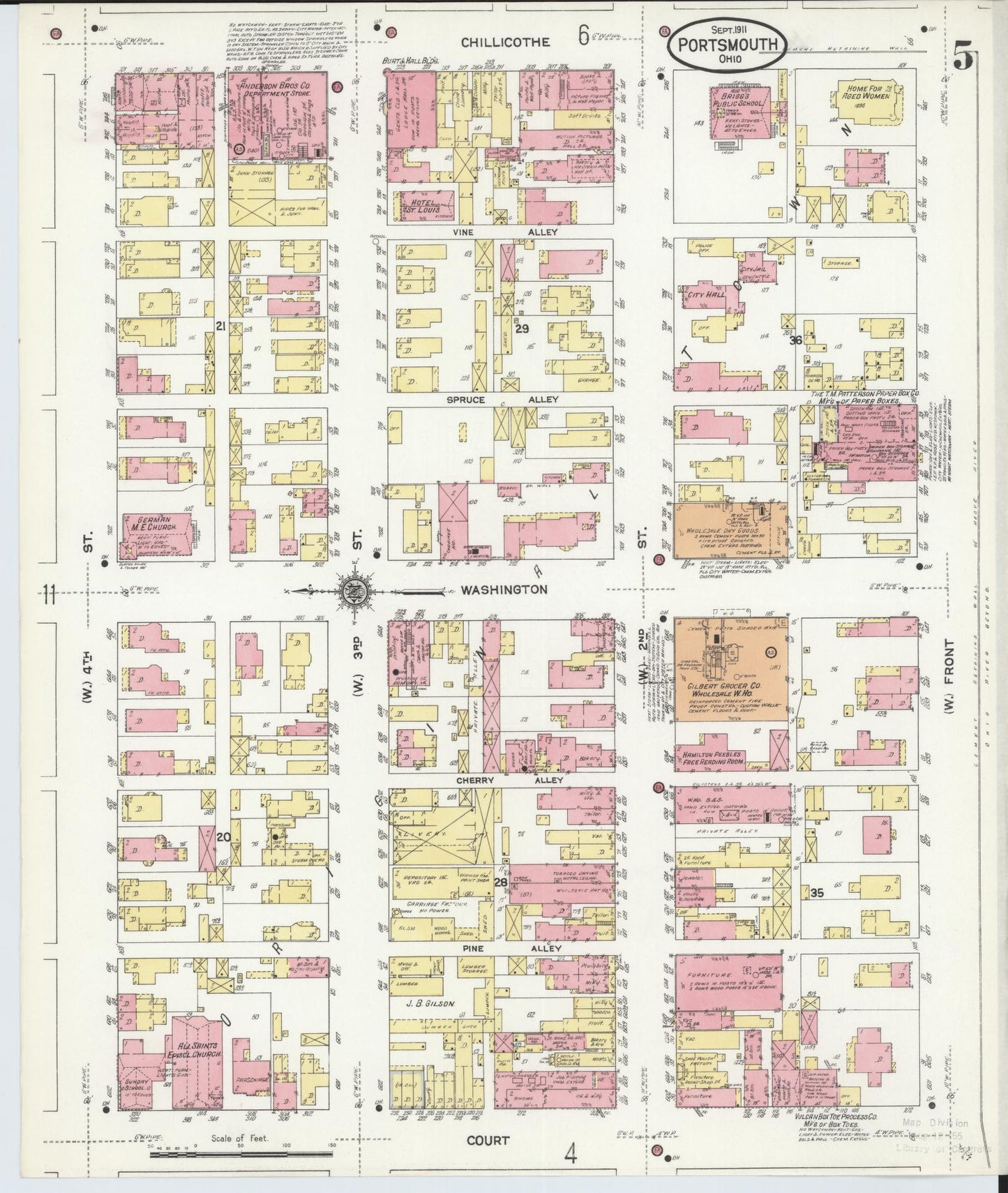 Sanborn Fire Insurance Map from Portsmouth, Scioto County, Ohio (1911), Sheet #0005 - Historic Sanborn Fire Insurance Map Print, vintage old map wall art, antique decor, genealogy gift, Ohio Ohio map