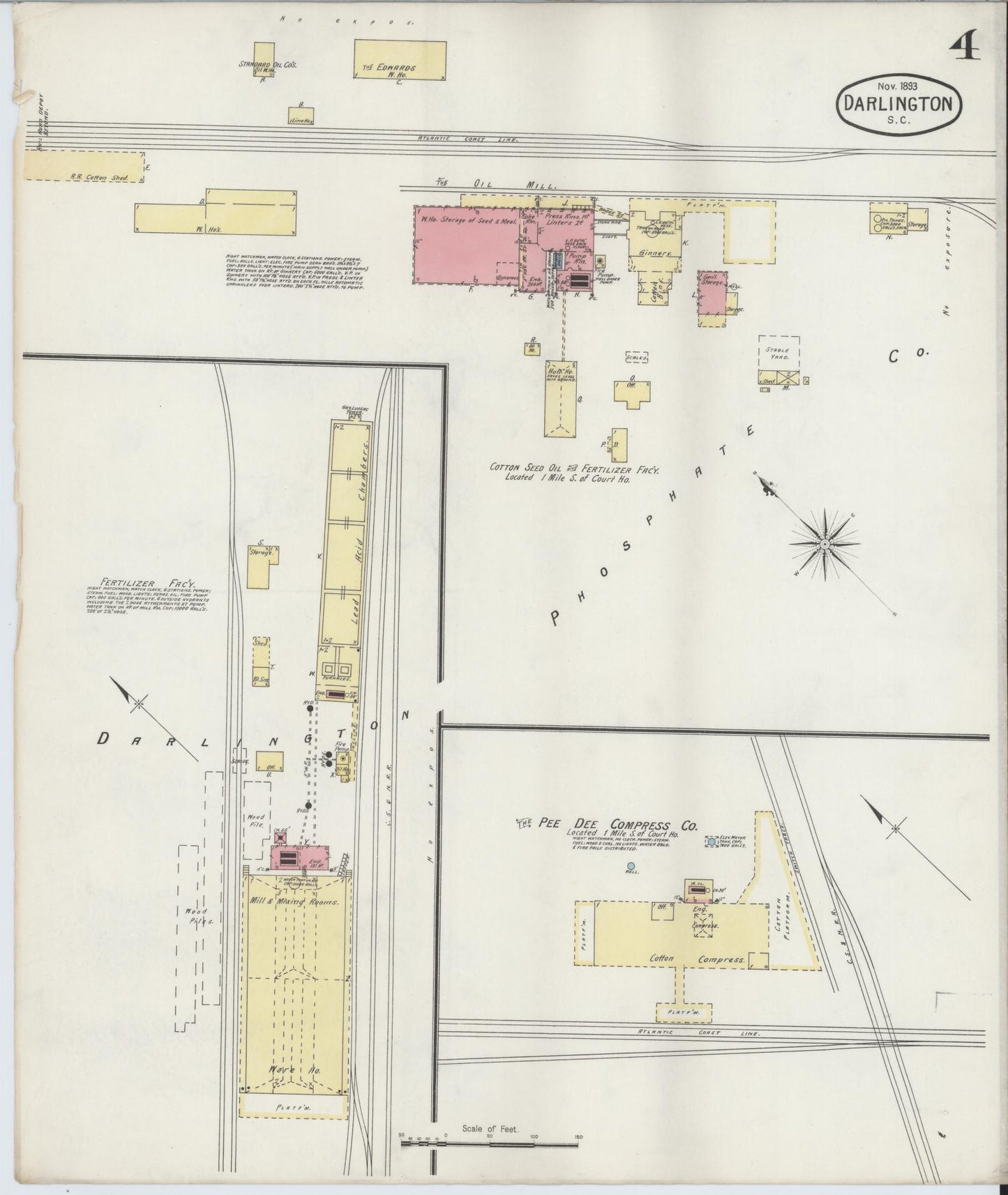 Sanborn Fire Insurance Map from Darlington, Darlington County, South Carolina (1893), Sheet #0004 - Complete Map Set gallery image, historic Sanborn map, vintage wall art, South Carolina South Carolina