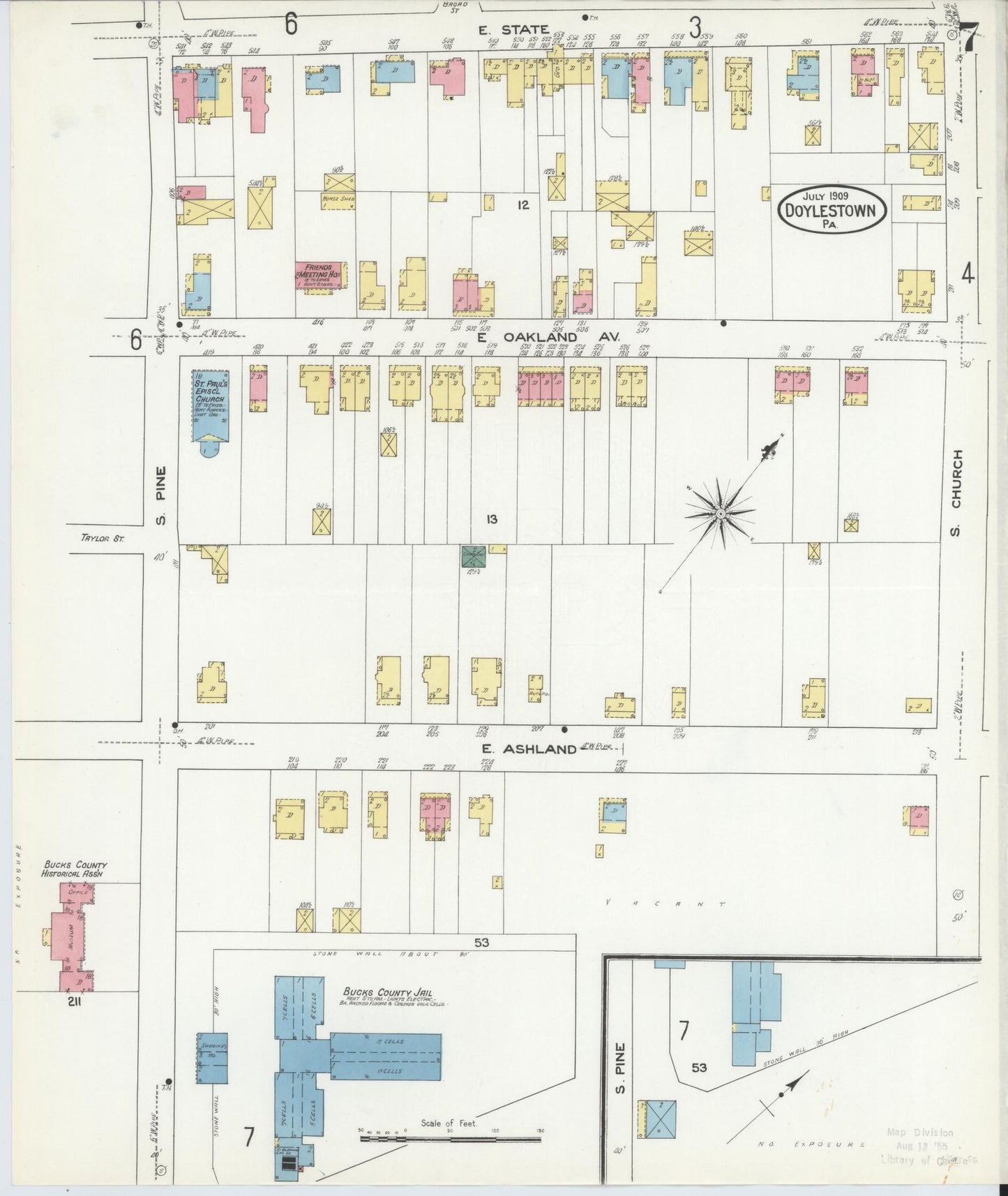 Sanborn Fire Insurance Map from Doylestown, Bucks County, Pennsylvania (1909), Sheet #0007 - Historic Sanborn Fire Insurance Map Print, vintage old map wall art, antique decor, genealogy gift, Pennsylvania Pennsylvania map