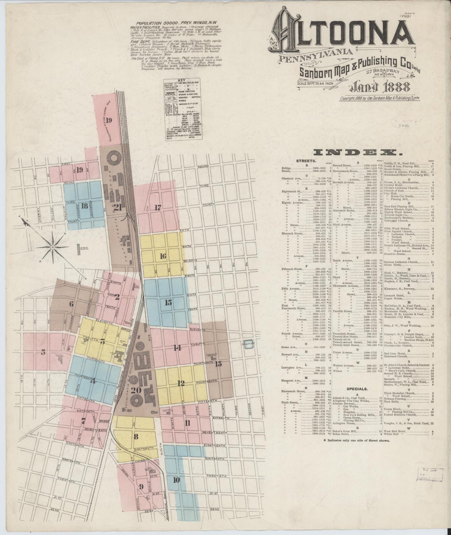 Sanborn Fire Insurance Map from Altoona, Blair County, Pennsylvania (1888), Sheet #0001 - Historic Sanborn Fire Insurance Map Print, vintage old map wall art, antique decor, genealogy gift, Pennsylvania Pennsylvania map