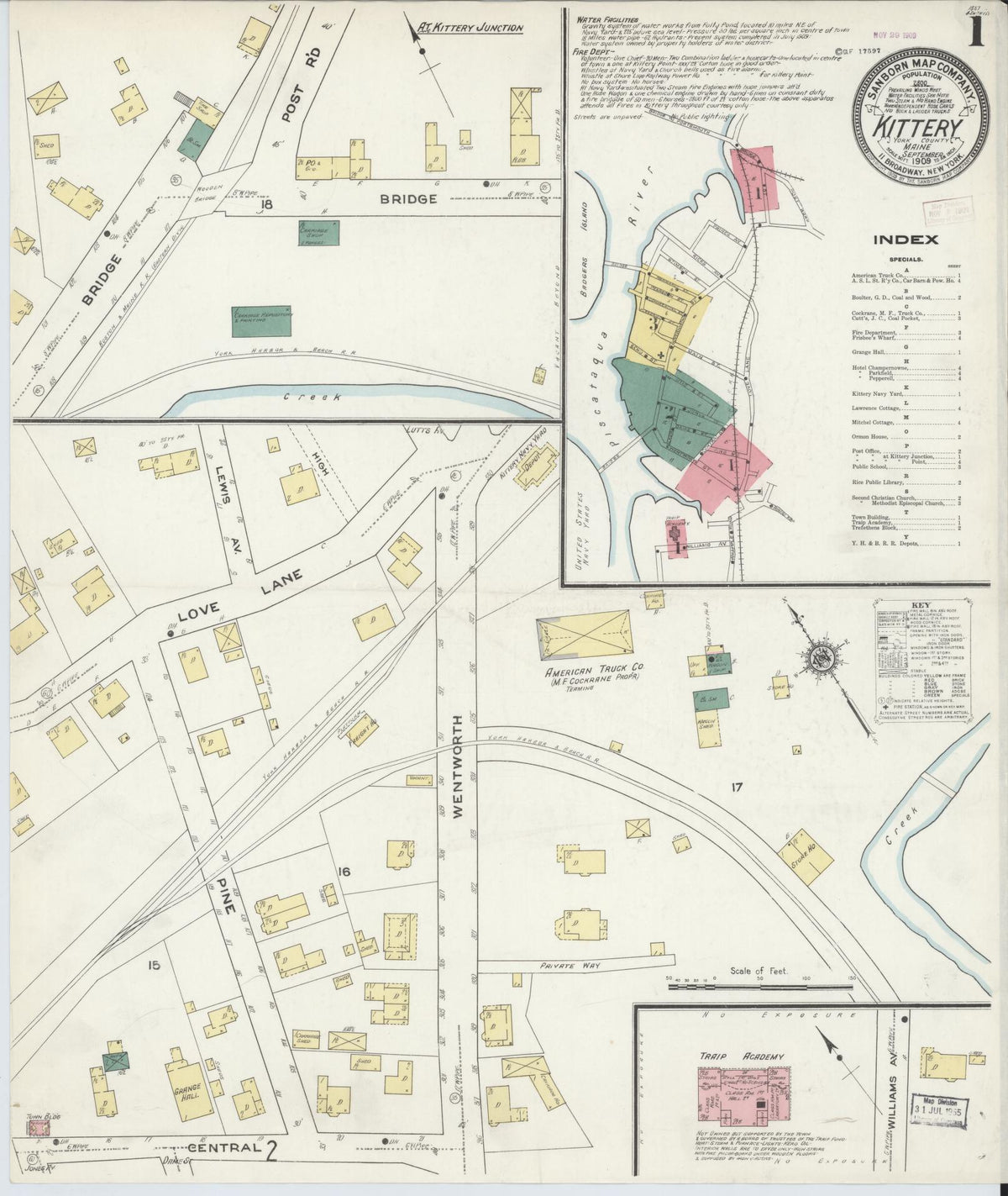 Sanborn Fire Insurance Map from Kittery, York County, Maine (1909), Sheet #0001 - Historic Sanborn Fire Insurance Map Print, vintage old map wall art, antique decor, genealogy gift, Maine Maine map
