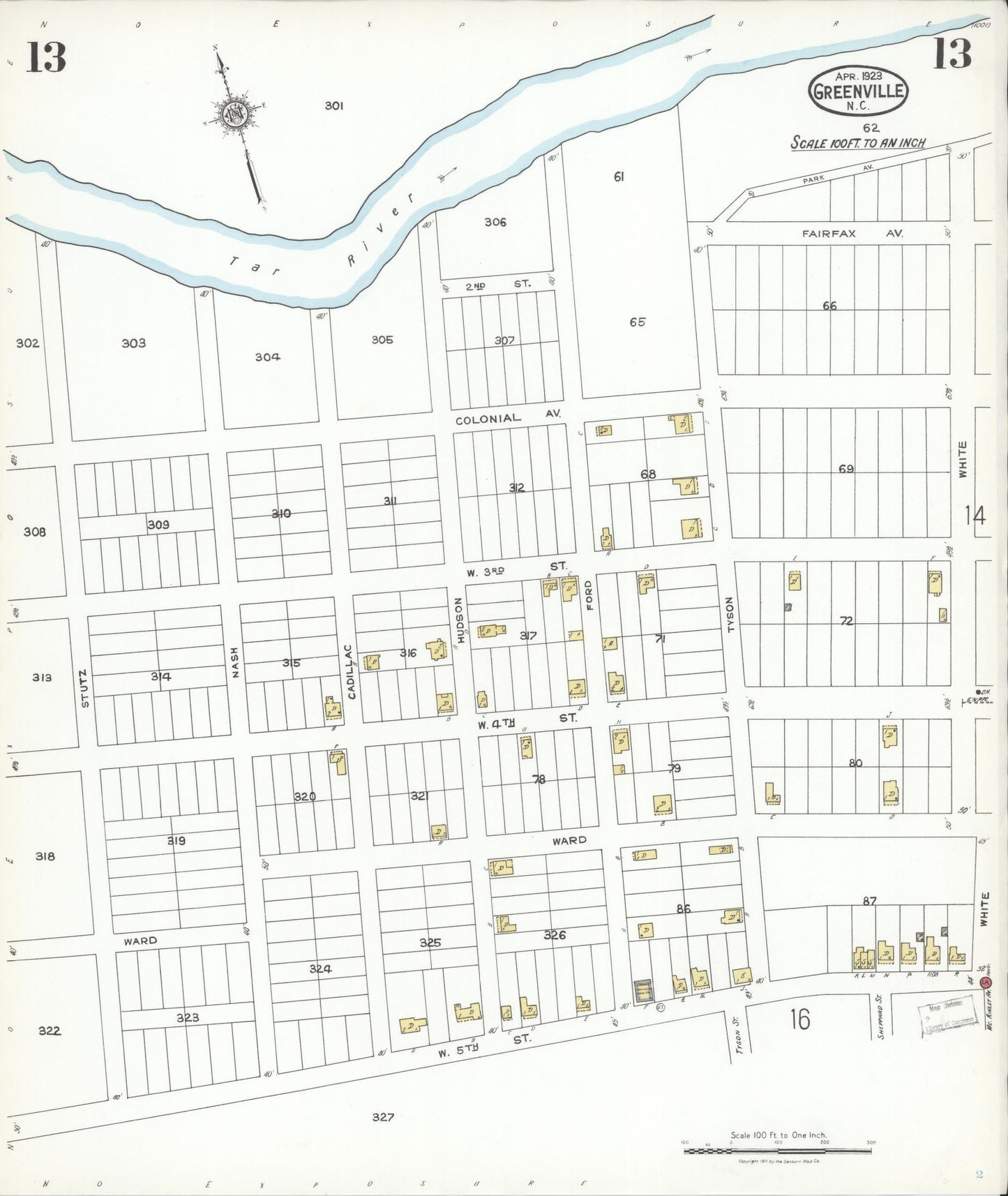 Sanborn Fire Insurance Map from Greenville, Pitt County, North Carolina (1923), Sheet #0013 - Historic Sanborn Fire Insurance Map Print, vintage old map wall art, antique decor, genealogy gift, North Carolina North Carolina map