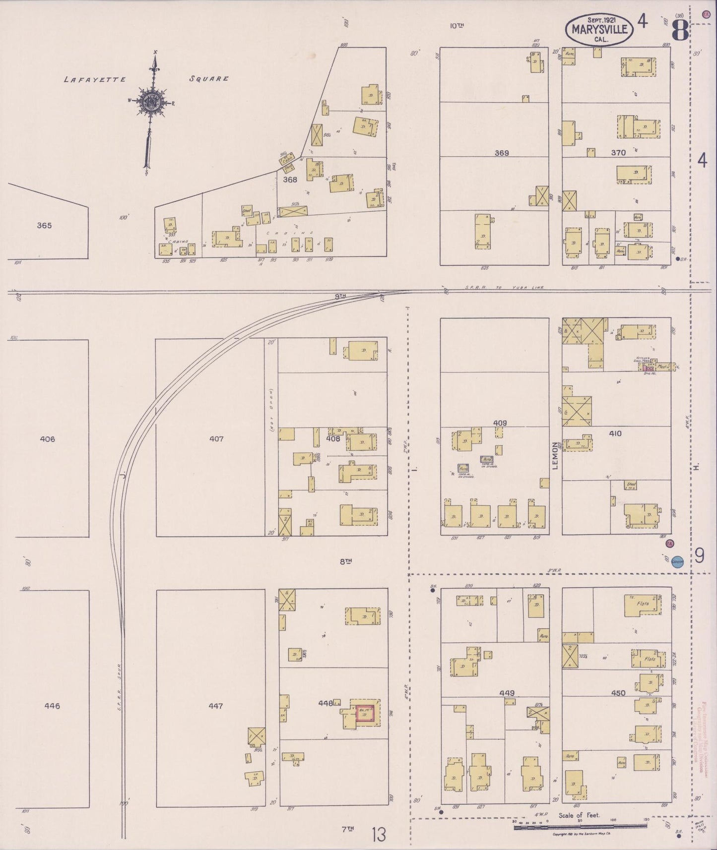 Sanborn Fire Insurance Map from Marysville, Yuba County, California (1921), Sheet #0008 - Historic Sanborn Fire Insurance Map Print, vintage old map wall art, antique decor, genealogy gift, California California map
