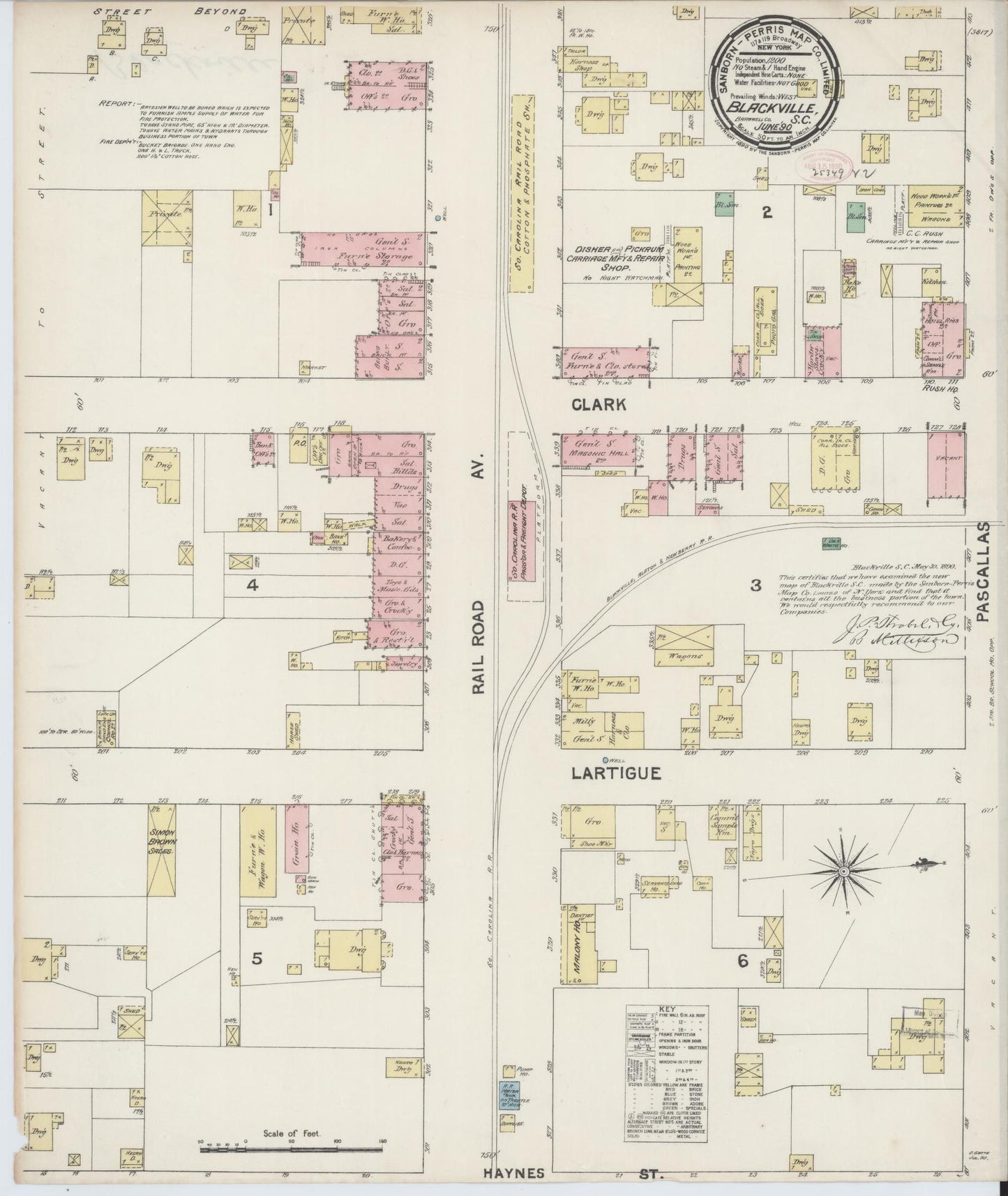 Sanborn Fire Insurance Map from Blackville, Barnwell County, South Carolina (1890), Sheet #0001 - Historic Sanborn Fire Insurance Map Print, vintage old map wall art, antique decor, genealogy gift, South Carolina South Carolina map