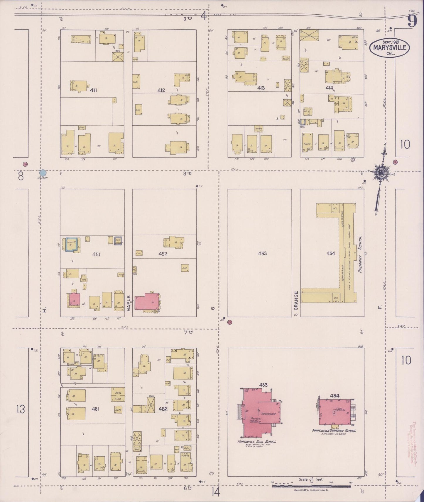 Sanborn Fire Insurance Map from Marysville, Yuba County, California (1921), Sheet #0009 - Historic Sanborn Fire Insurance Map Print, vintage old map wall art, antique decor, genealogy gift, California California map