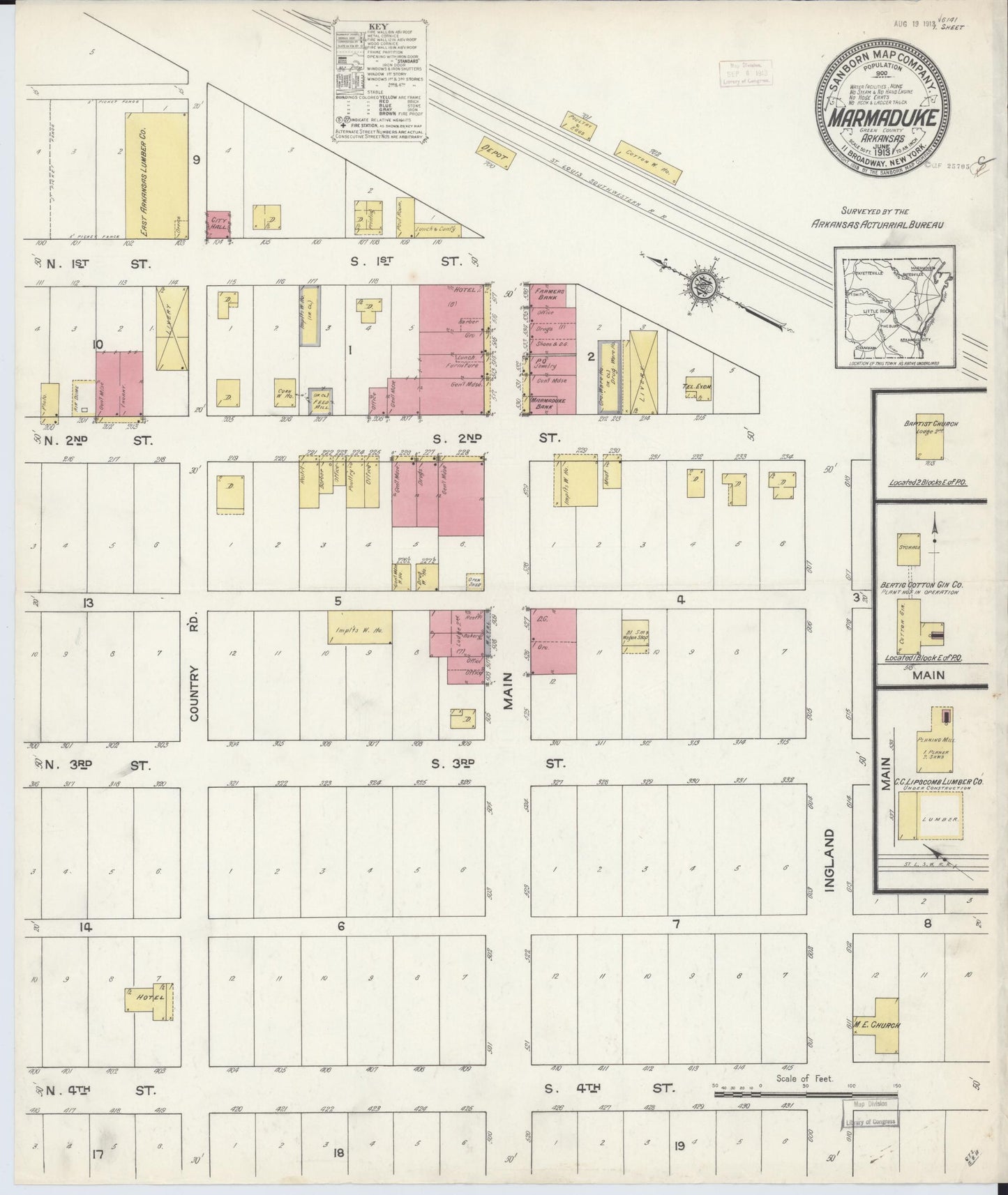 Sanborn Fire Insurance Map from Marmaduke, Greene County, Arkansas (1913), Sheet #0001 - Historic Sanborn Fire Insurance Map Print, vintage old map wall art, antique decor, genealogy gift, Arkansas Arkansas map