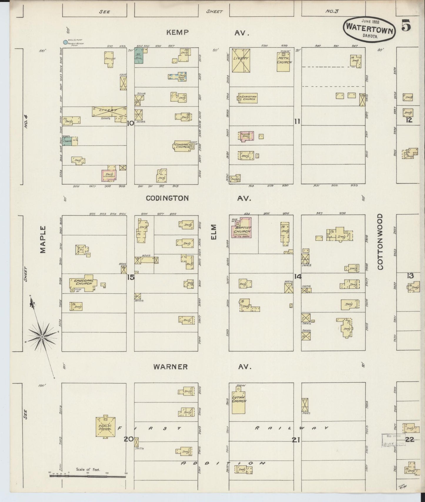 Sanborn Fire Insurance Map from Watertown, Codington County, South Dakota (1888), Sheet #0005 - Historic Sanborn Fire Insurance Map Print, vintage old map wall art, antique decor, genealogy gift, South Dakota South Dakota map
