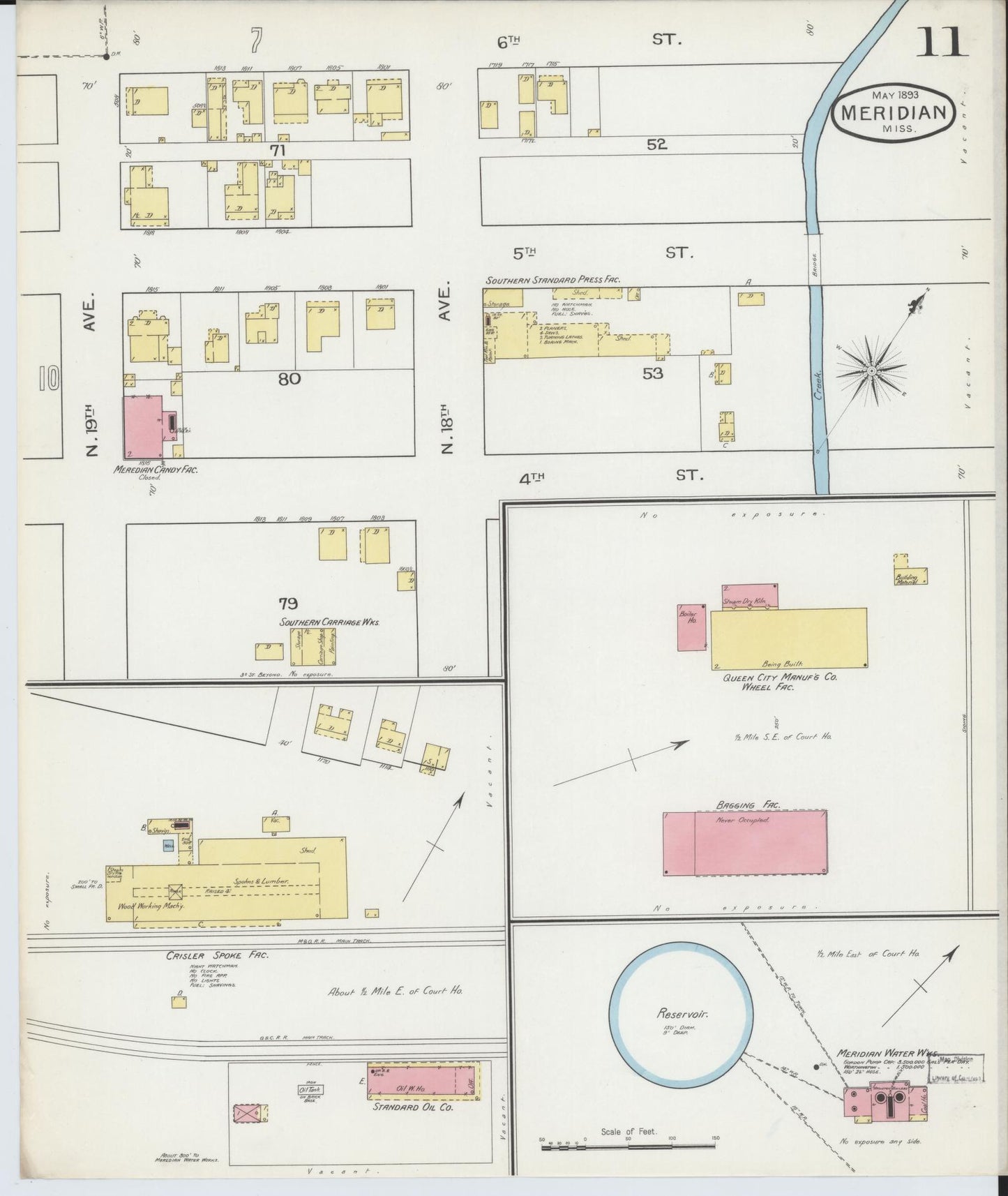 Sanborn Fire Insurance Map from Meridian, Lauderdale County, Mississippi (1893), Sheet #0011 - Historic Sanborn Fire Insurance Map Print, vintage old map wall art, antique decor, genealogy gift, Mississippi Mississippi map