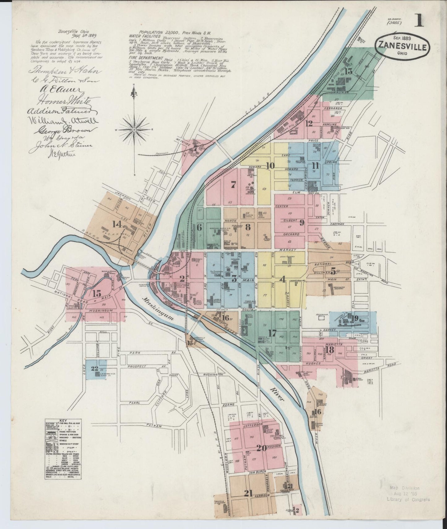 Sanborn Fire Insurance Map from Zanesville, Muskingum County, Ohio (1889), Sheet #0001 - Historic Sanborn Fire Insurance Map Print, vintage old map wall art, antique decor, genealogy gift, Ohio Ohio map