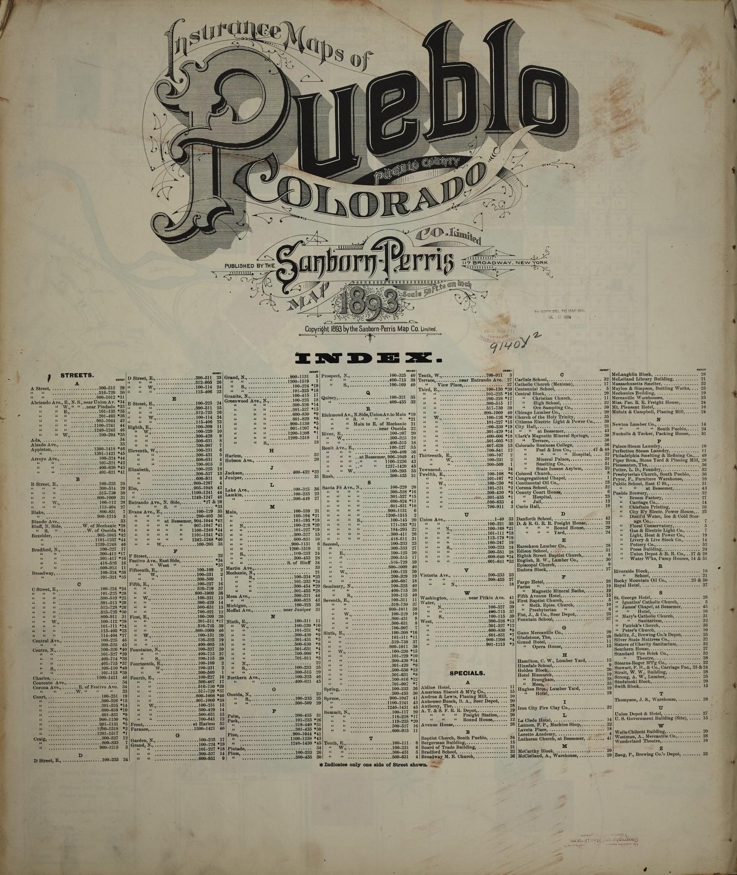 Sanborn Fire Insurance Map from Pueblo, Pueblo County, Colorado. (1893) – Historic Sanborn Fire Insurance Map Print