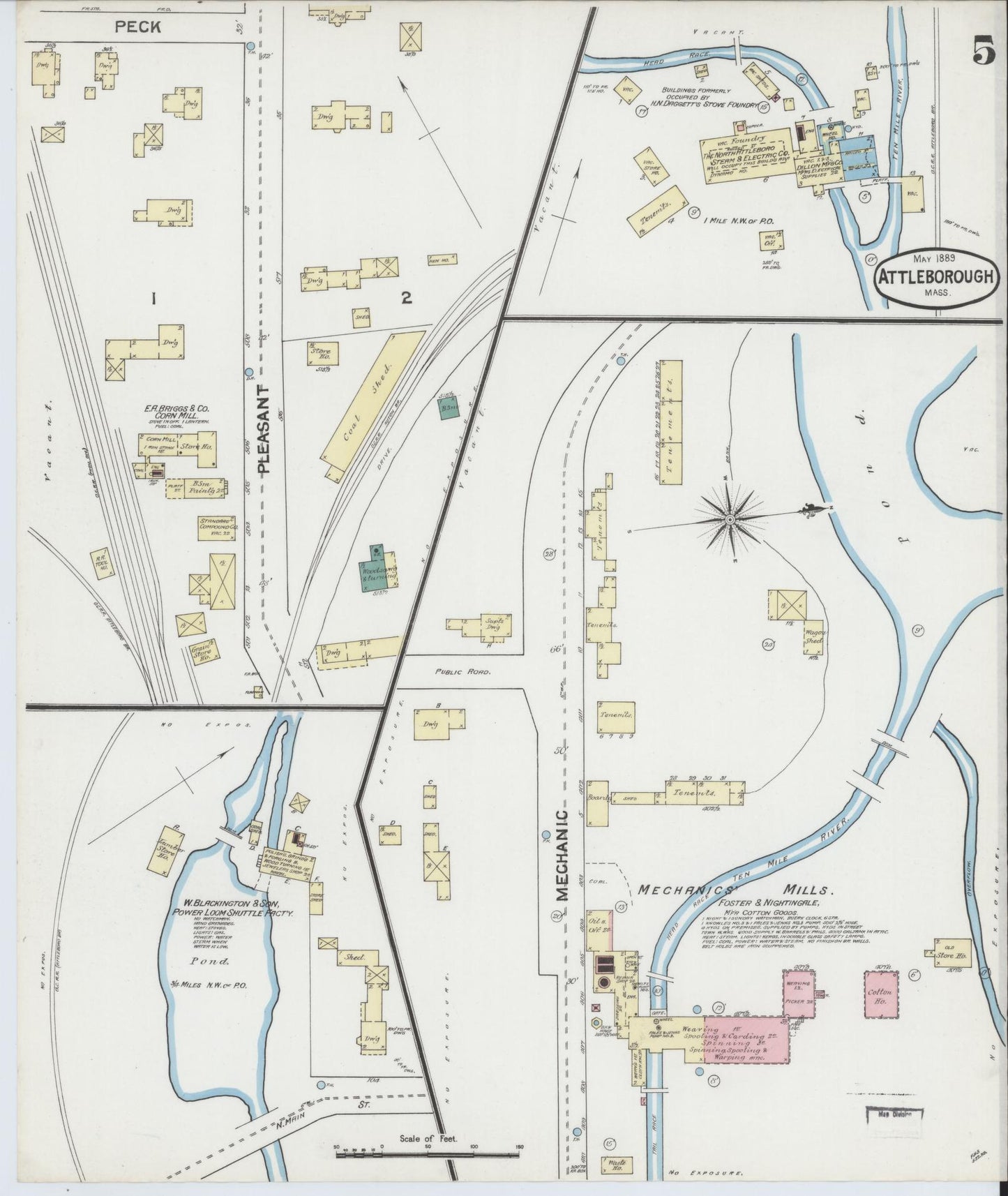 Sanborn Fire Insurance Map from Attleboro, Bristol County, Massachusetts (1889), Sheet #0005 - Complete Map Set gallery image, historic Sanborn map, vintage wall art, Massachusetts Massachusetts