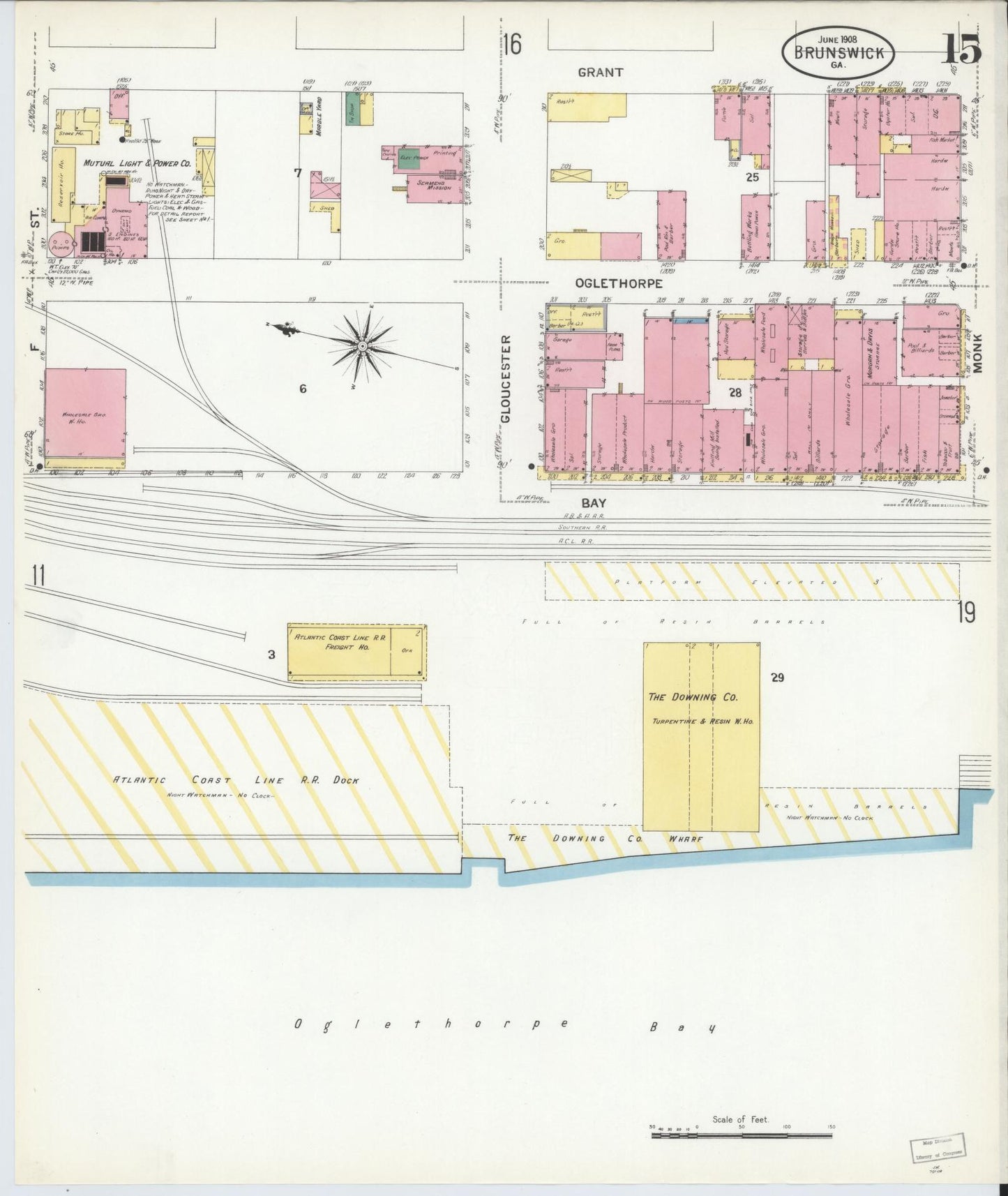 Sanborn Fire Insurance Map from Brunswick, Glynn County, Georgia (1908), Sheet #0015 - Historic Sanborn Fire Insurance Map Print, vintage old map wall art, antique decor, genealogy gift, Georgia Georgia map