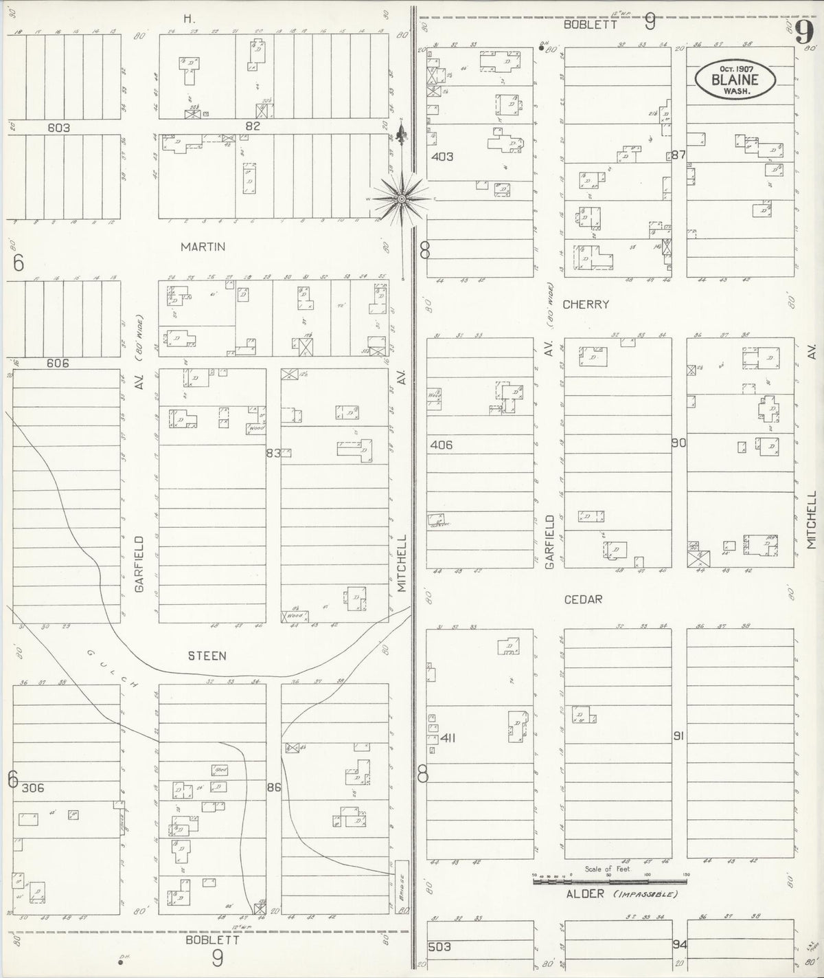 Sanborn Fire Insurance Map from Blaine, Whatcom County, Washington (1907), Sheet #0009 - Historic Sanborn Fire Insurance Map Print, vintage old map wall art, antique decor, genealogy gift, Washington Washington map
