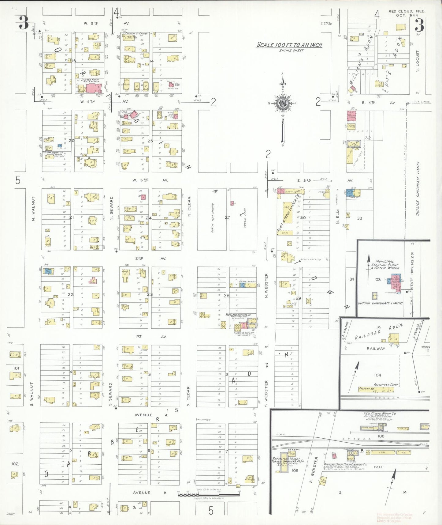 Sanborn Fire Insurance Map from Red Cloud, Webster County, Nebraska (1944), Sheet #0003 - Historic Sanborn Fire Insurance Map Print, vintage old map wall art, antique decor, genealogy gift, Nebraska Nebraska map