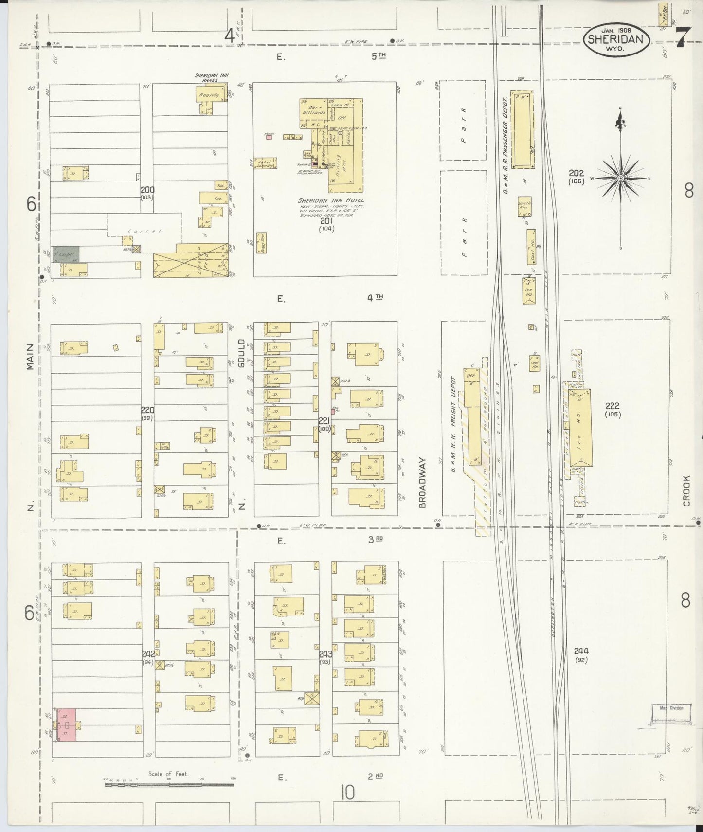 Sanborn Fire Insurance Map from Sheridan, Sheridan County, Wyoming (1908), Sheet #0007 - Historic Sanborn Fire Insurance Map Print, vintage old map wall art, antique decor, genealogy gift, Wyoming Wyoming map
