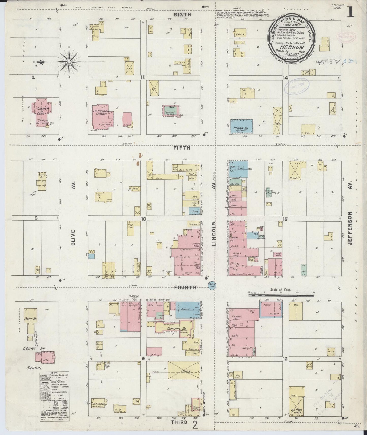 Sanborn Fire Insurance Map from Hebron, Thayer County, Nebraska (1897), Sheet #0001 - Historic Sanborn Fire Insurance Map Print, vintage old map wall art, antique decor, genealogy gift, Nebraska Nebraska map