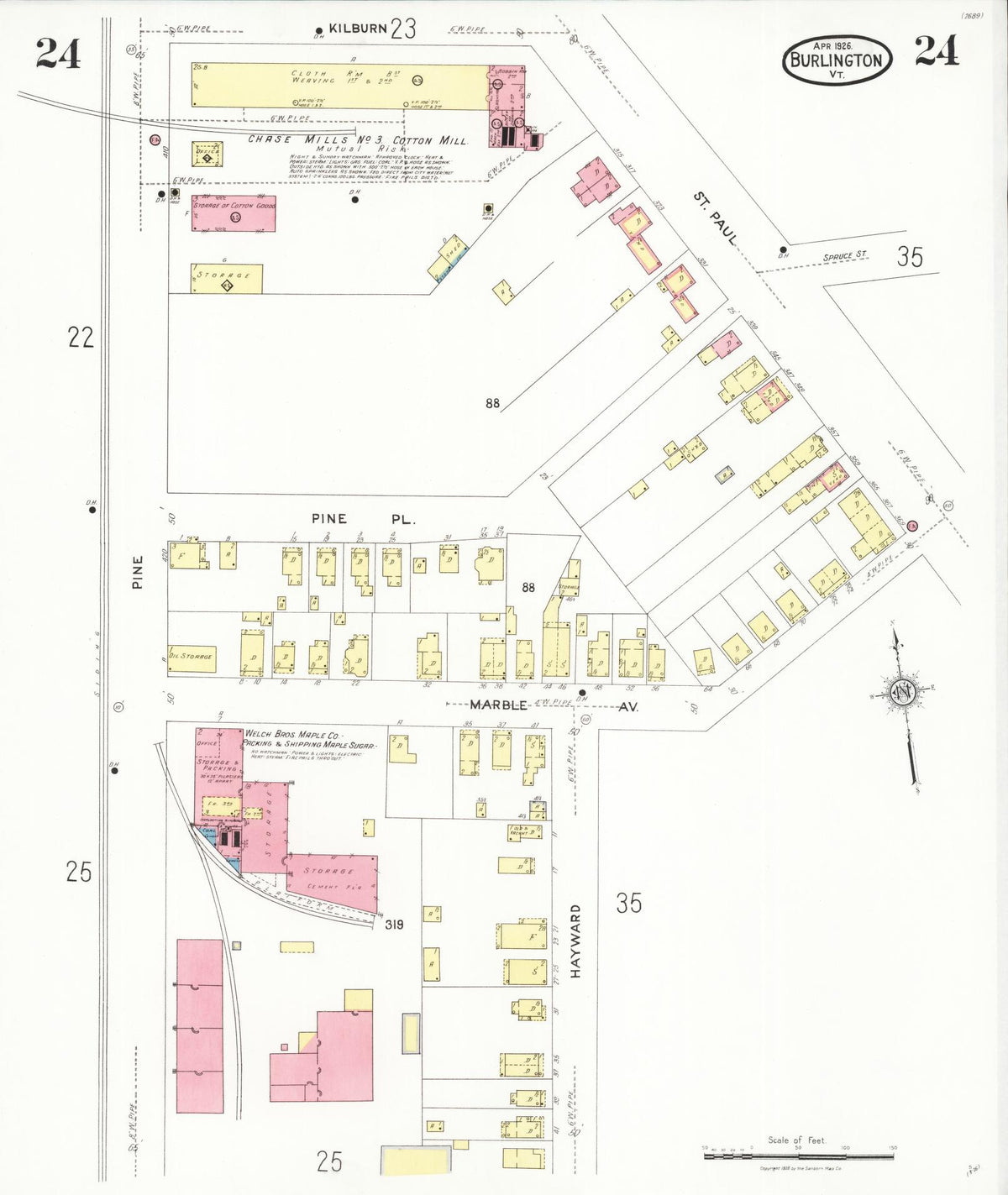 Sanborn Fire Insurance Map from Burlington, Chittenden County, Vermont (1926), Sheet #0024 - Historic Sanborn Fire Insurance Map Print, vintage old map wall art, antique decor, genealogy gift, Vermont Vermont map