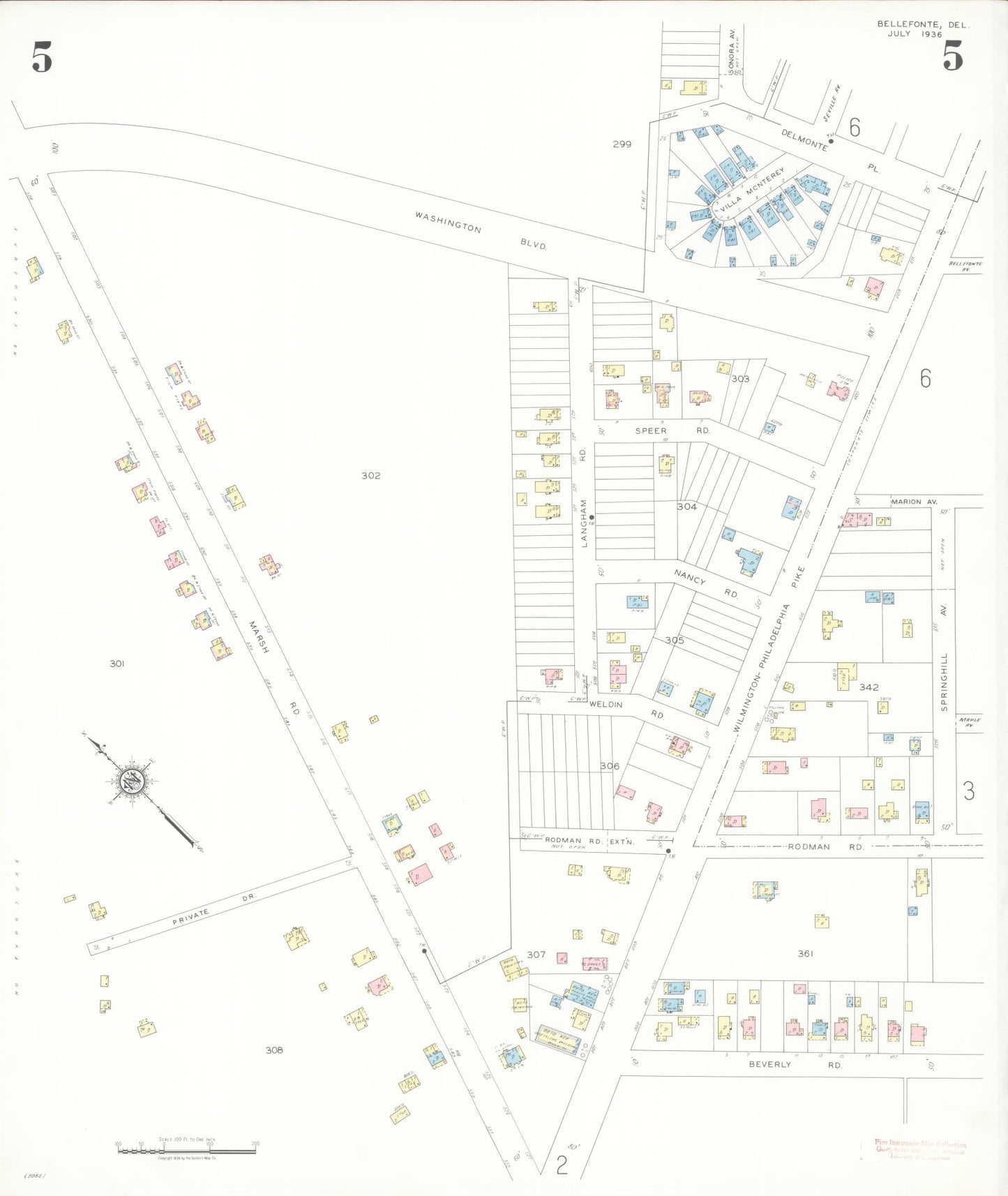 Sanborn Fire Insurance Map from Bellefonte, New Castle County, Delaware (1936), Sheet #0005 - Historic Sanborn Fire Insurance Map Print, vintage old map wall art, antique decor, genealogy gift, Delaware Delaware map