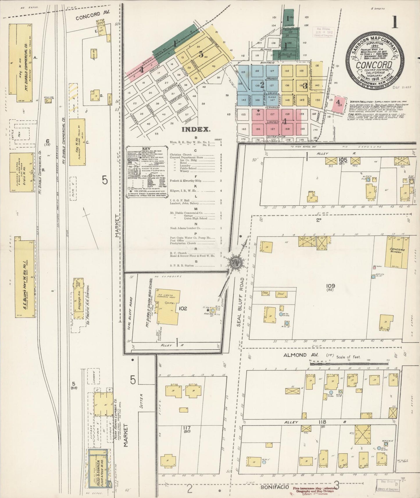 Sanborn Fire Insurance Map from Concord, Contra Costa County, California (1912), Sheet #0001 - Historic Sanborn Fire Insurance Map Print, vintage old map wall art, antique decor, genealogy gift, California California map