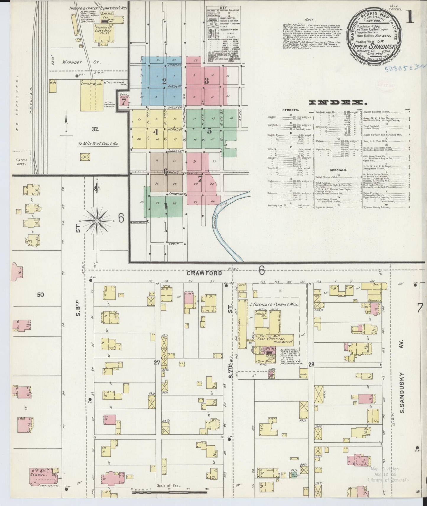 Sanborn Fire Insurance Map from Upper Sandusky, Wyandot County, Ohio (1897), Sheet #0001 - Historic Sanborn Fire Insurance Map Print, vintage old map wall art, antique decor, genealogy gift, Ohio Ohio map