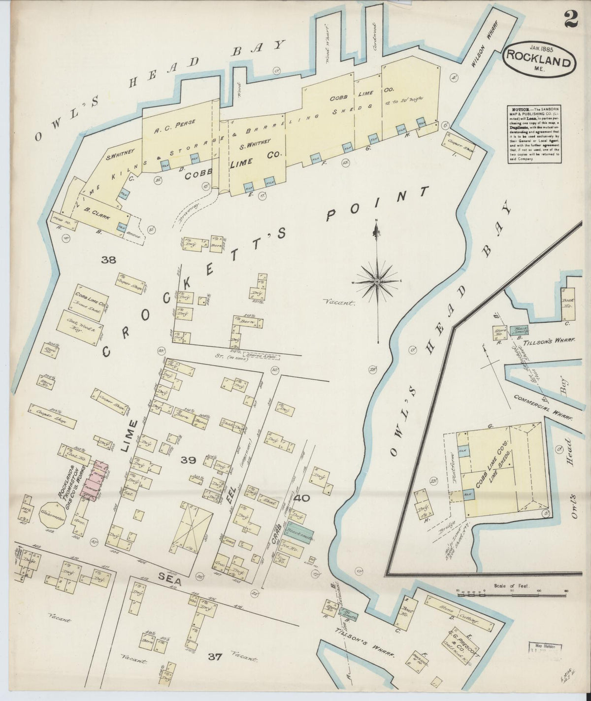 Sanborn Fire Insurance Map from Rockland, Knox County, Maine (1885), Sheet #0002 - Historic Sanborn Fire Insurance Map Print, vintage old map wall art, antique decor, genealogy gift, Maine Maine map