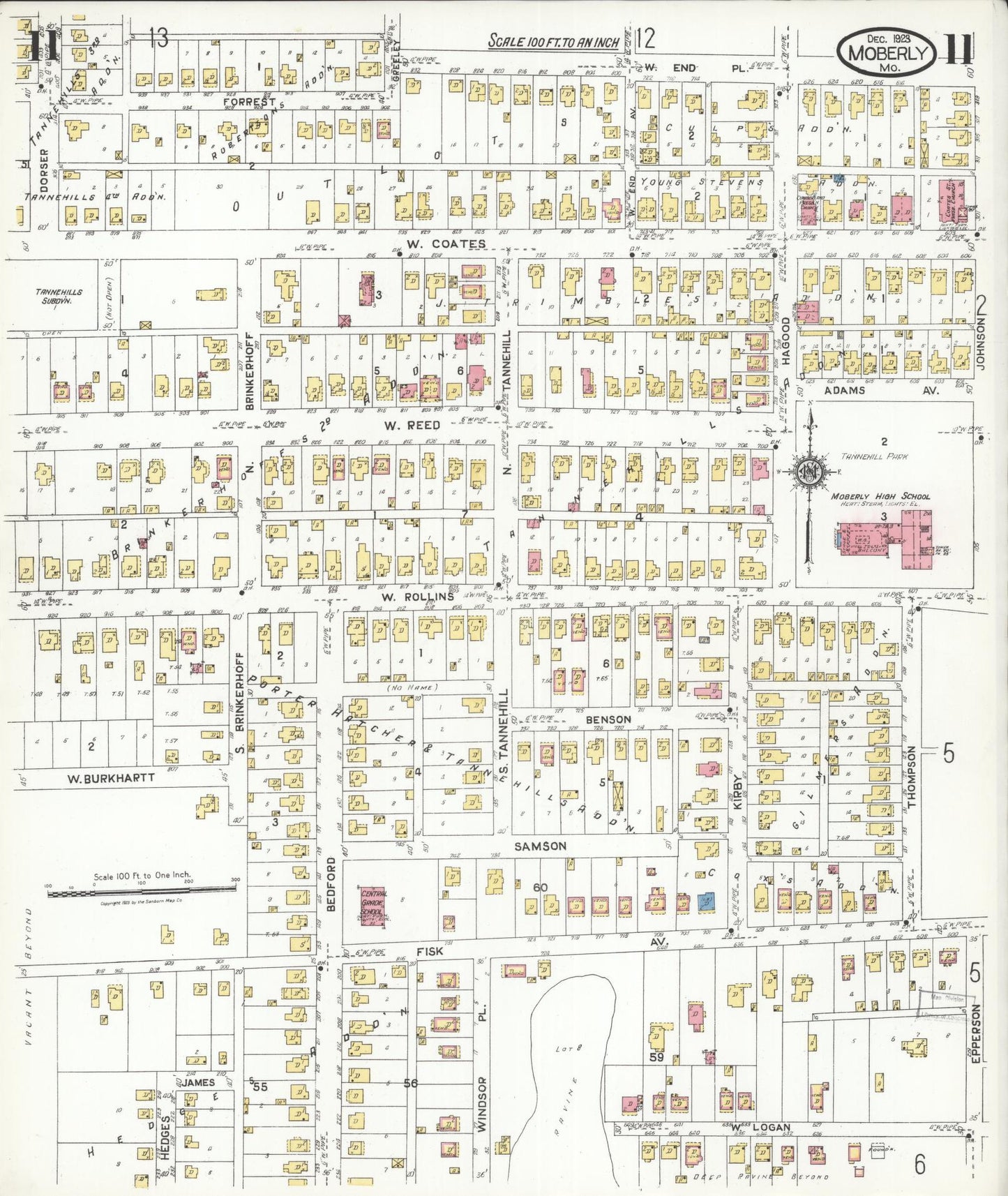 Sanborn Fire Insurance Map from Moberly, Randolph County, Missouri (1923), Sheet #0011 - Historic Sanborn Fire Insurance Map Print, vintage old map wall art, antique decor, genealogy gift, Missouri Missouri map