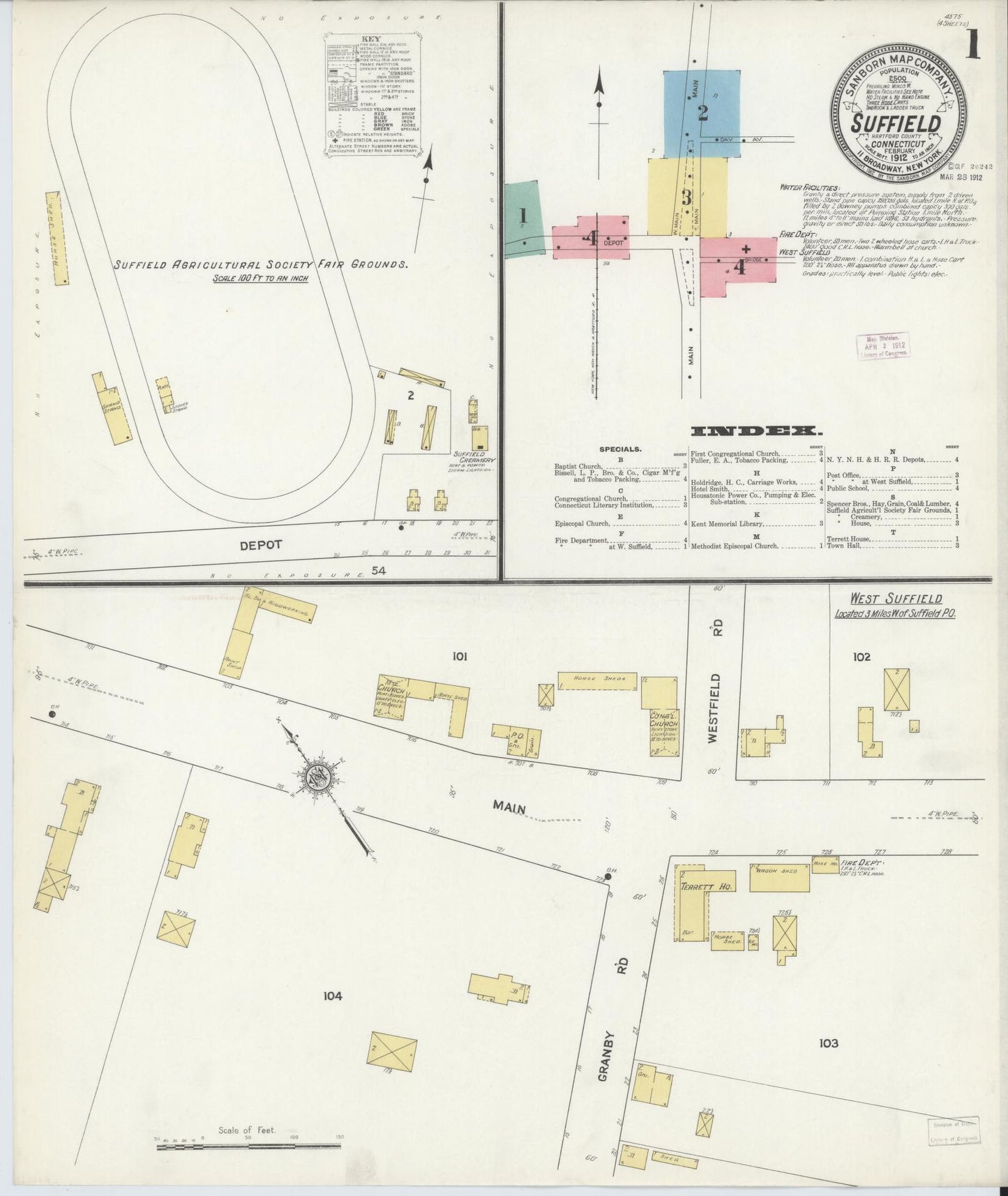 Sanborn Fire Insurance Map from Suffield, Hartford County, Connecticut (1912), Sheet #0001 - Historic Sanborn Fire Insurance Map Print, vintage old map wall art, antique decor, genealogy gift, Connecticut Connecticut map