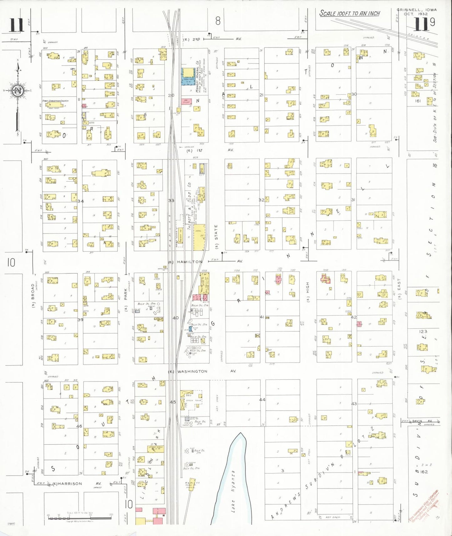 Sanborn Fire Insurance Map from Grinnell, Poweshiek County, Iowa (1932), Sheet #0011 - Historic Sanborn Fire Insurance Map Print, vintage old map wall art