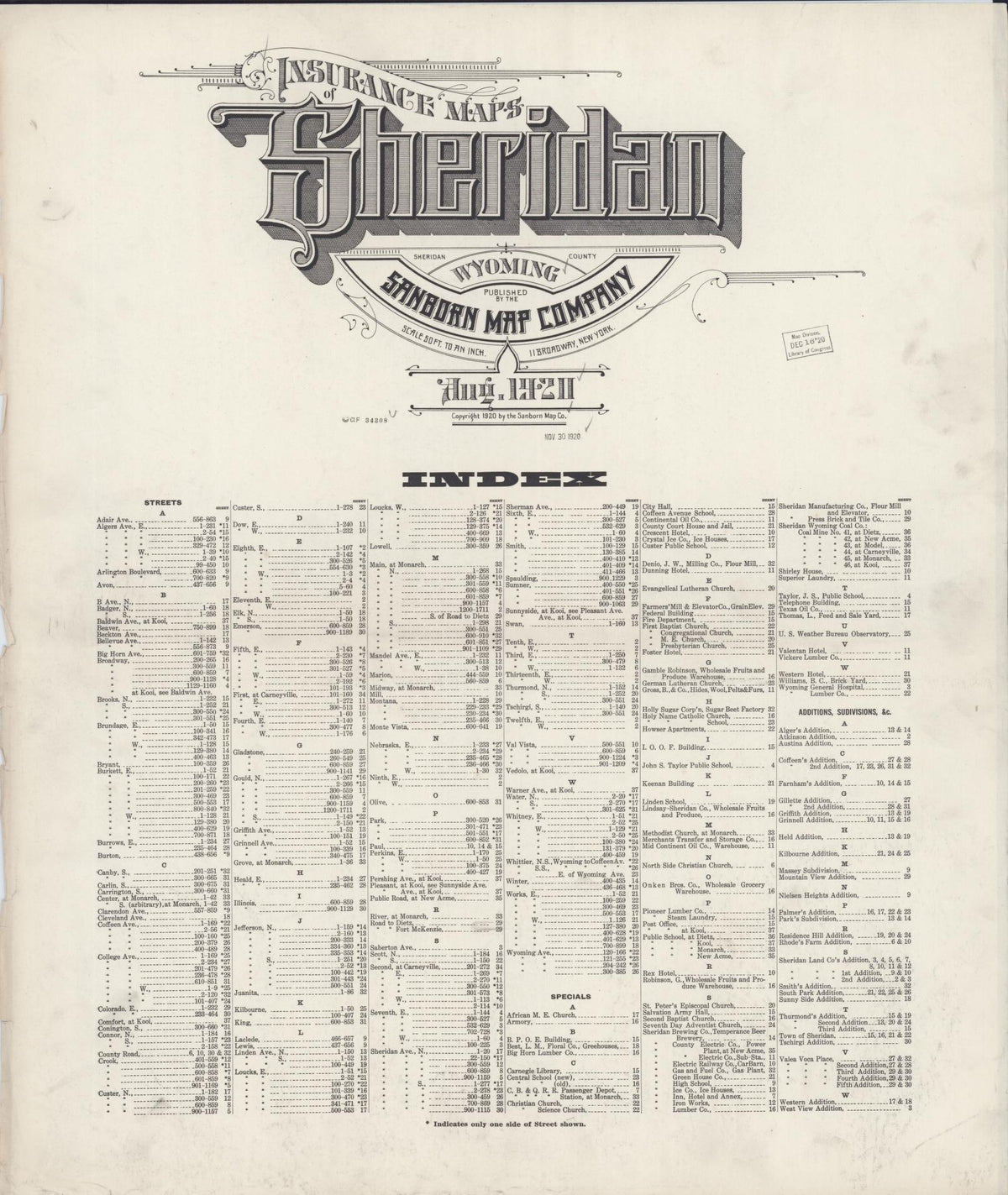 Sanborn Fire Insurance Map from Sheridan, Sheridan County, Wyoming (1920), Sheet #0001 - Historic Sanborn Fire Insurance Map Print, vintage old map wall art, antique decor, genealogy gift, Wyoming Wyoming map