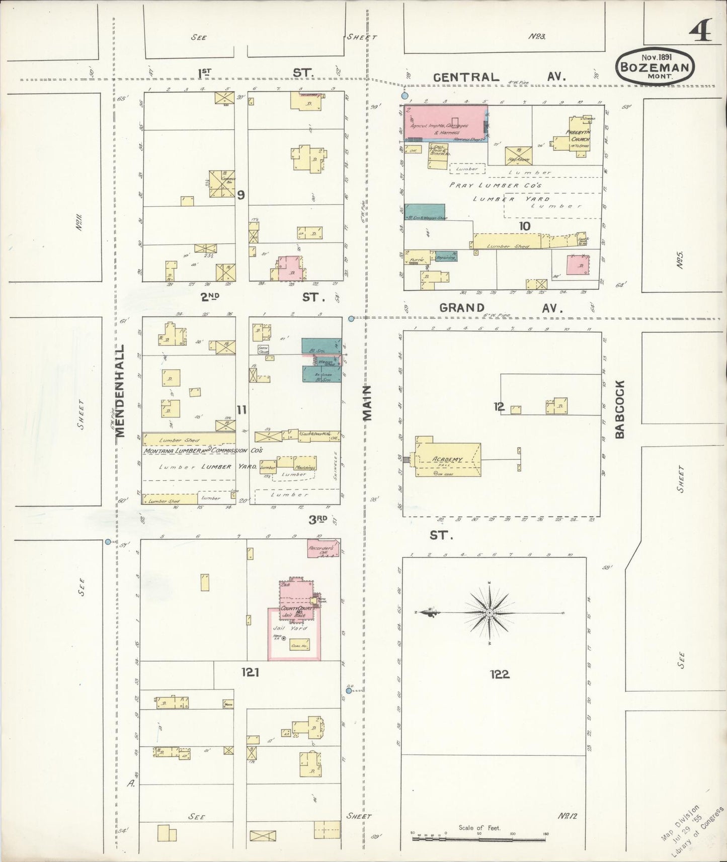 Sanborn Fire Insurance Map from Bozeman, Gallatin County, Montana (1891), Sheet #0004 - Historic Sanborn Fire Insurance Map Print, vintage old map wall art, antique decor, genealogy gift, Montana Montana map