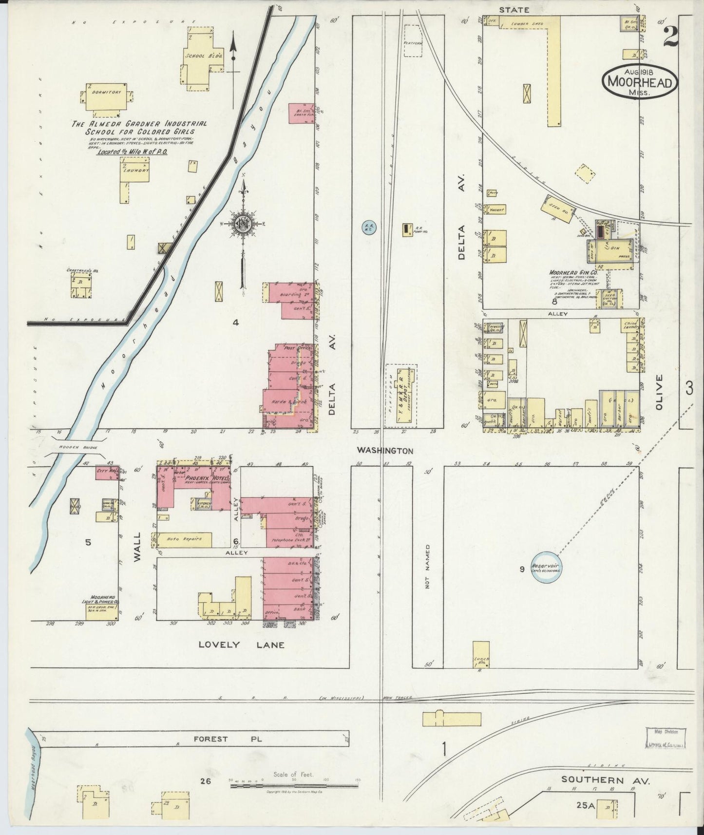 Sanborn Fire Insurance Map from Moorhead, Sunflower County, Mississippi (1918), Sheet #0002 - Historic Sanborn Fire Insurance Map Print, vintage old map wall art, antique decor, genealogy gift, Mississippi Mississippi map
