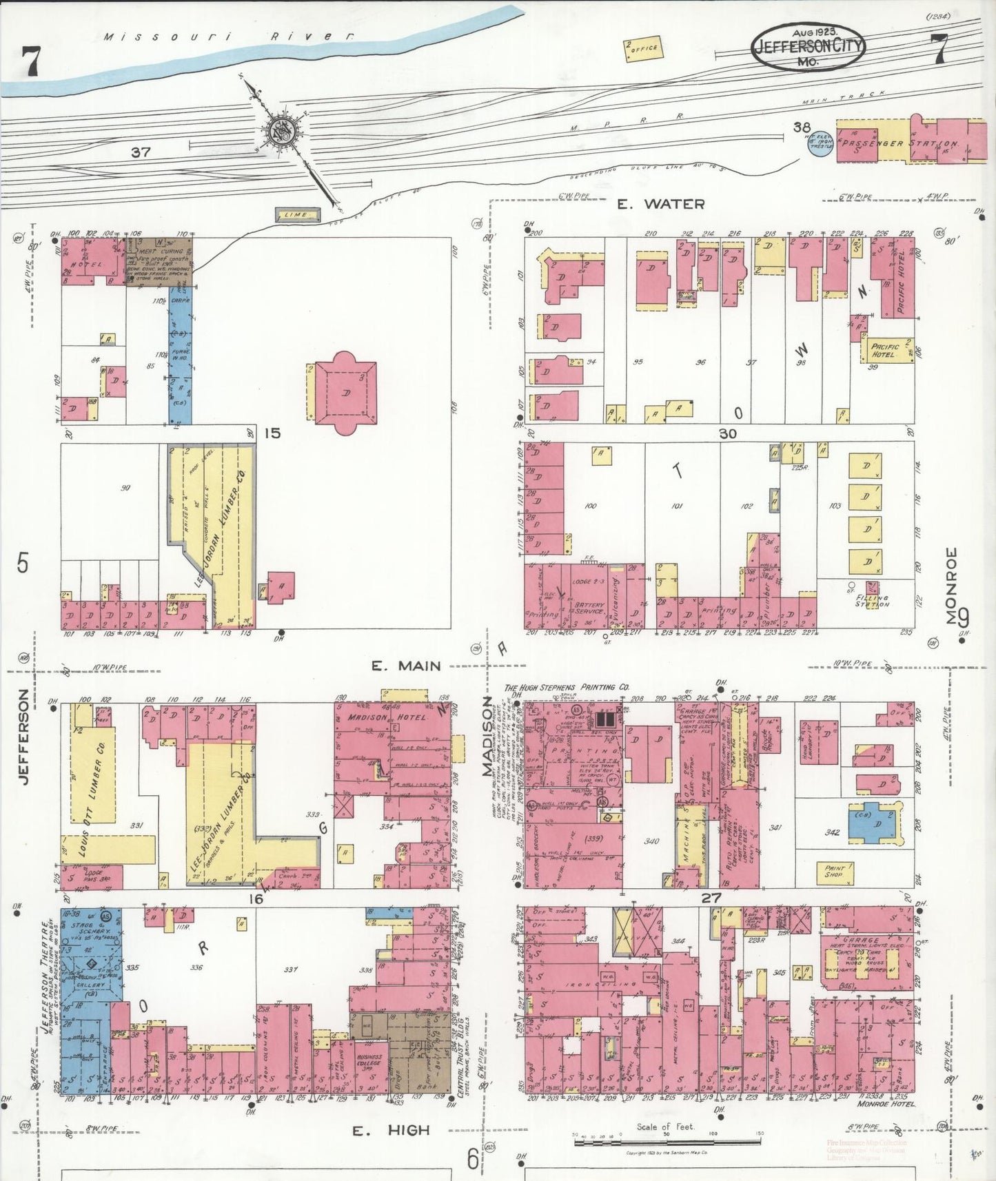 Sanborn Fire Insurance Map from Jefferson City, Cole County, Missouri (1923), Sheet #0007 - Historic Sanborn Fire Insurance Map Print, vintage old map wall art, antique decor, genealogy gift, Missouri Missouri map