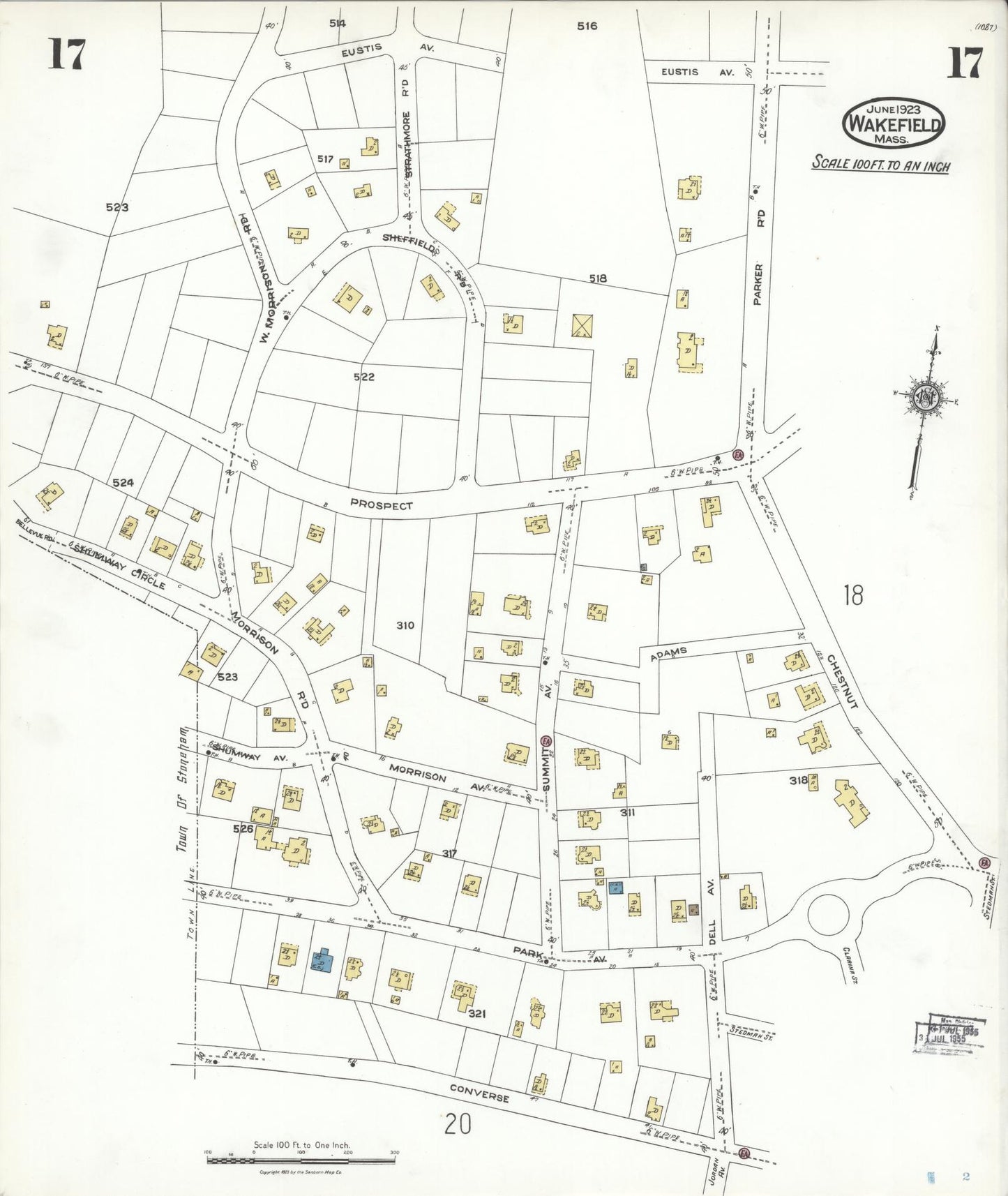 Sanborn Fire Insurance Map from Wakefield, Middlesex County, Massachusetts (1923), Sheet #0017 - Historic Sanborn Fire Insurance Map Print, vintage old map wall art, antique decor, genealogy gift, Massachusetts Massachusetts map