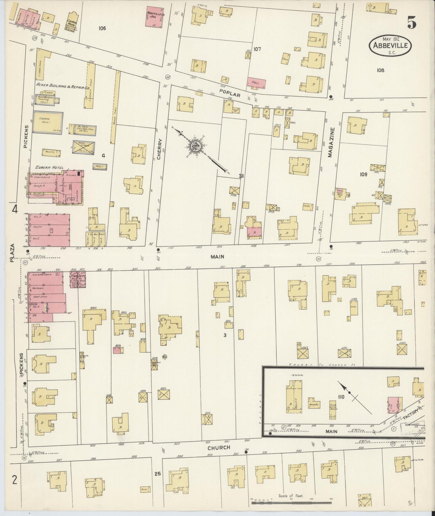 Sanborn Fire Insurance Map from Abbeville, Abbeville County, South Carolina (1912), Sheet #0005 - Historic Sanborn Fire Insurance Map Print, vintage old map wall art, antique decor, genealogy gift, South Carolina South Carolina map